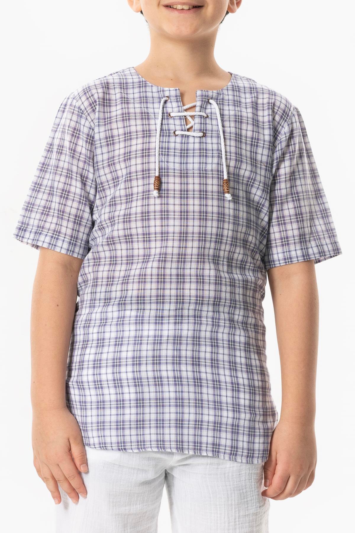 Kısa Kol Şile Bezi Zımbalı Yazlık Erkek Çocuk Tshirt Mor Kareli 3035