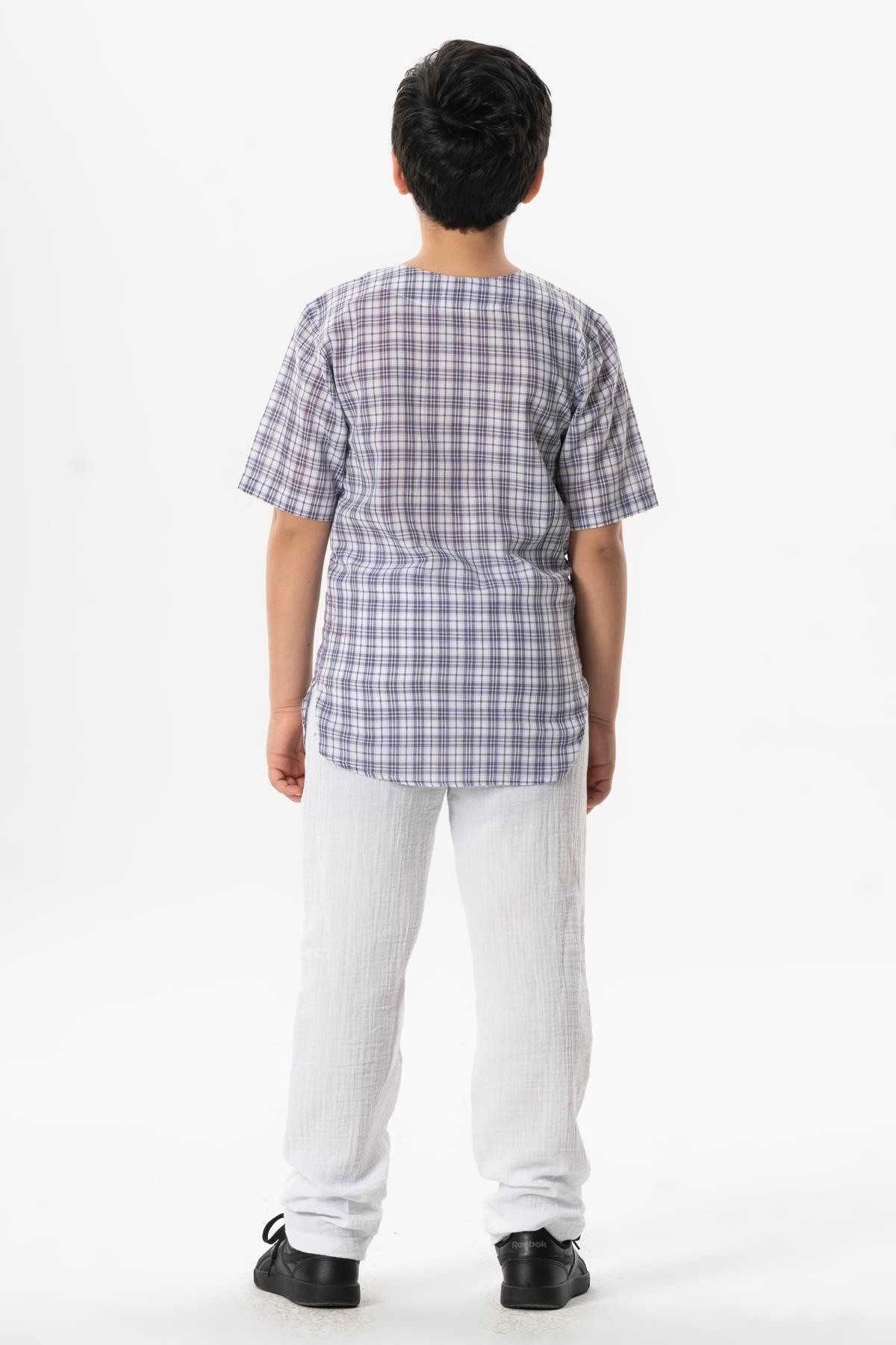 Kısa Kol Şile Bezi Zımbalı Yazlık Erkek Çocuk Tshirt Mor Kareli 3035