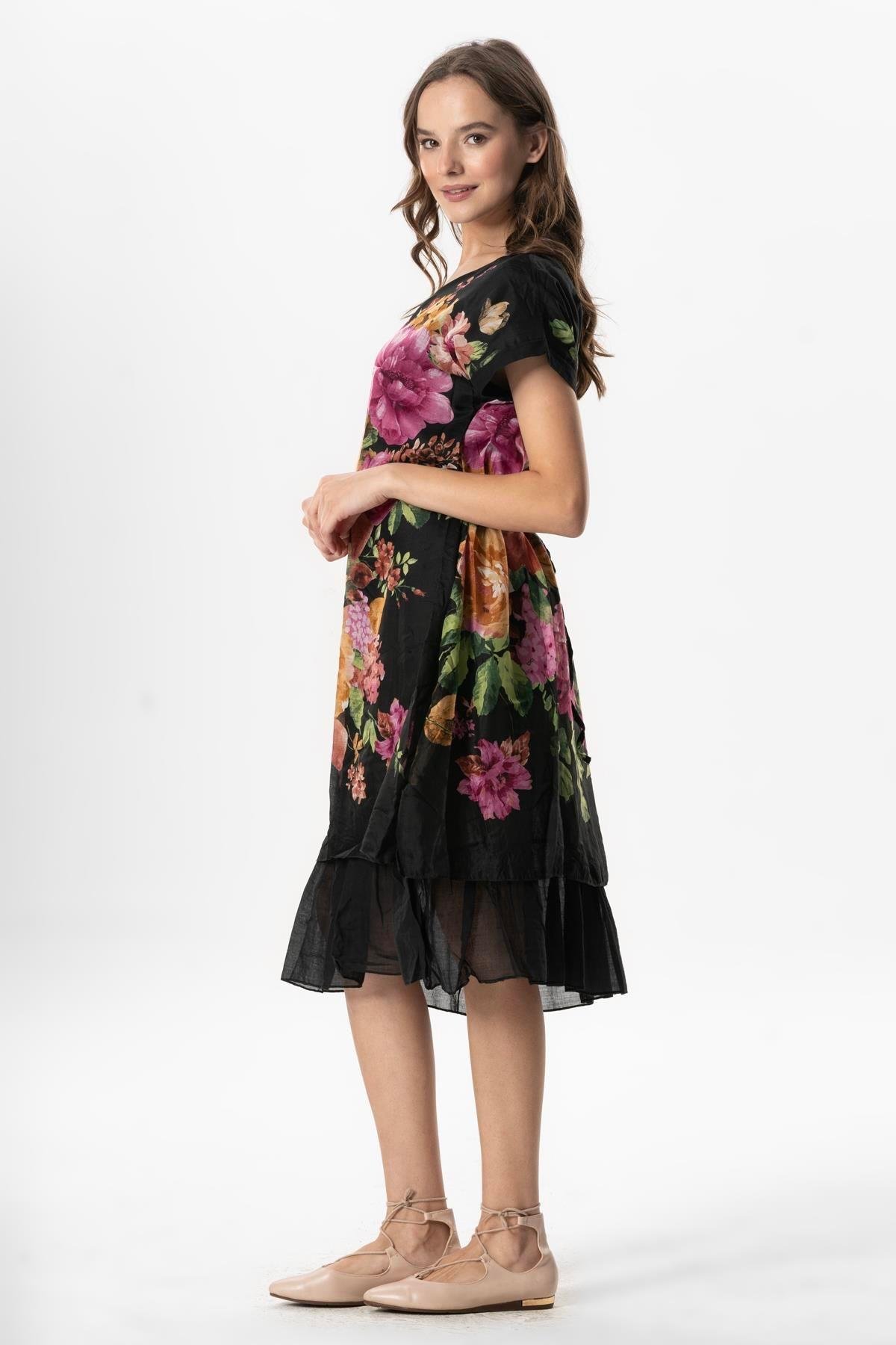 Kısa Kol Vual Defne Midi Boy Yazlık Otantik Elbise Bordo Siyah Pötikare 6190