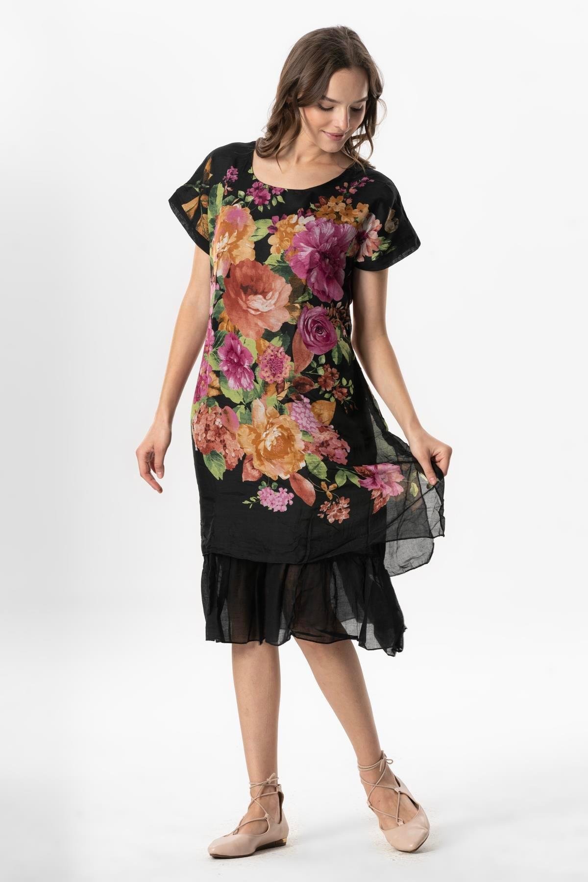 Kısa Kol Vual Defne Midi Boy Yazlık Otantik Elbise Bordo Siyah Pötikare 6190