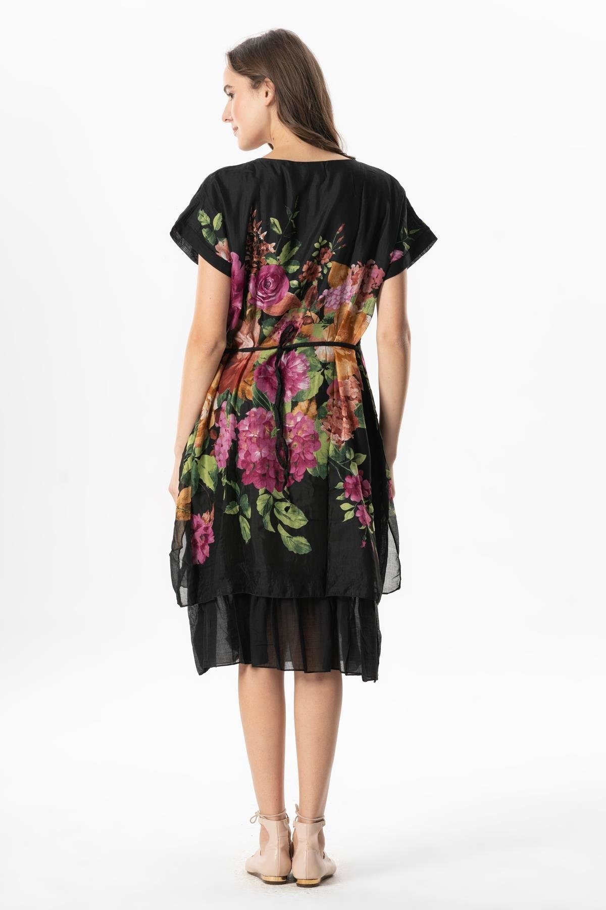 Kısa Kol Vual Defne Midi Boy Yazlık Otantik Elbise Bordo Siyah Pötikare 6190