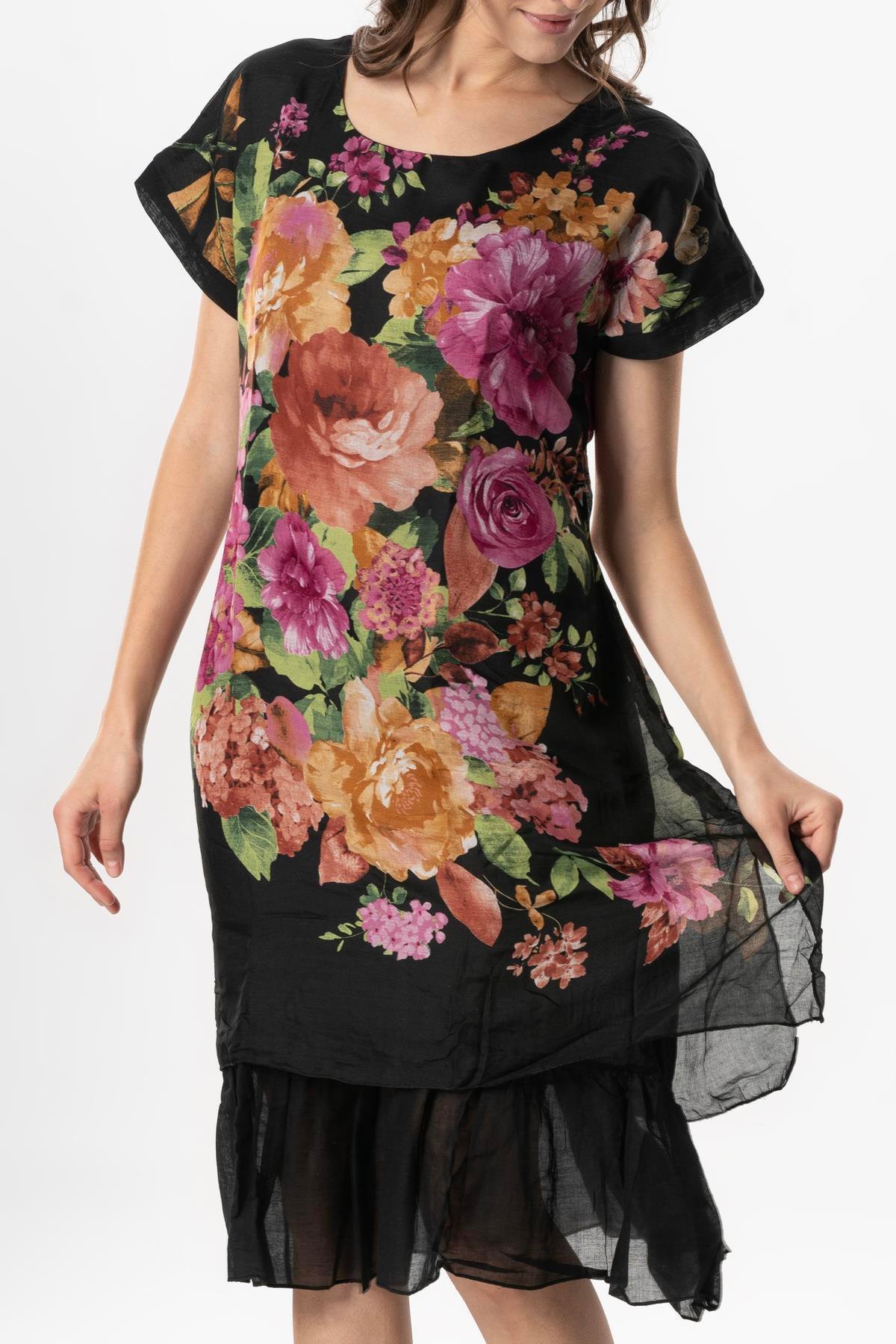 Kısa Kol Vual Defne Midi Boy Yazlık Otantik Elbise Bordo Siyah Pötikare 6190