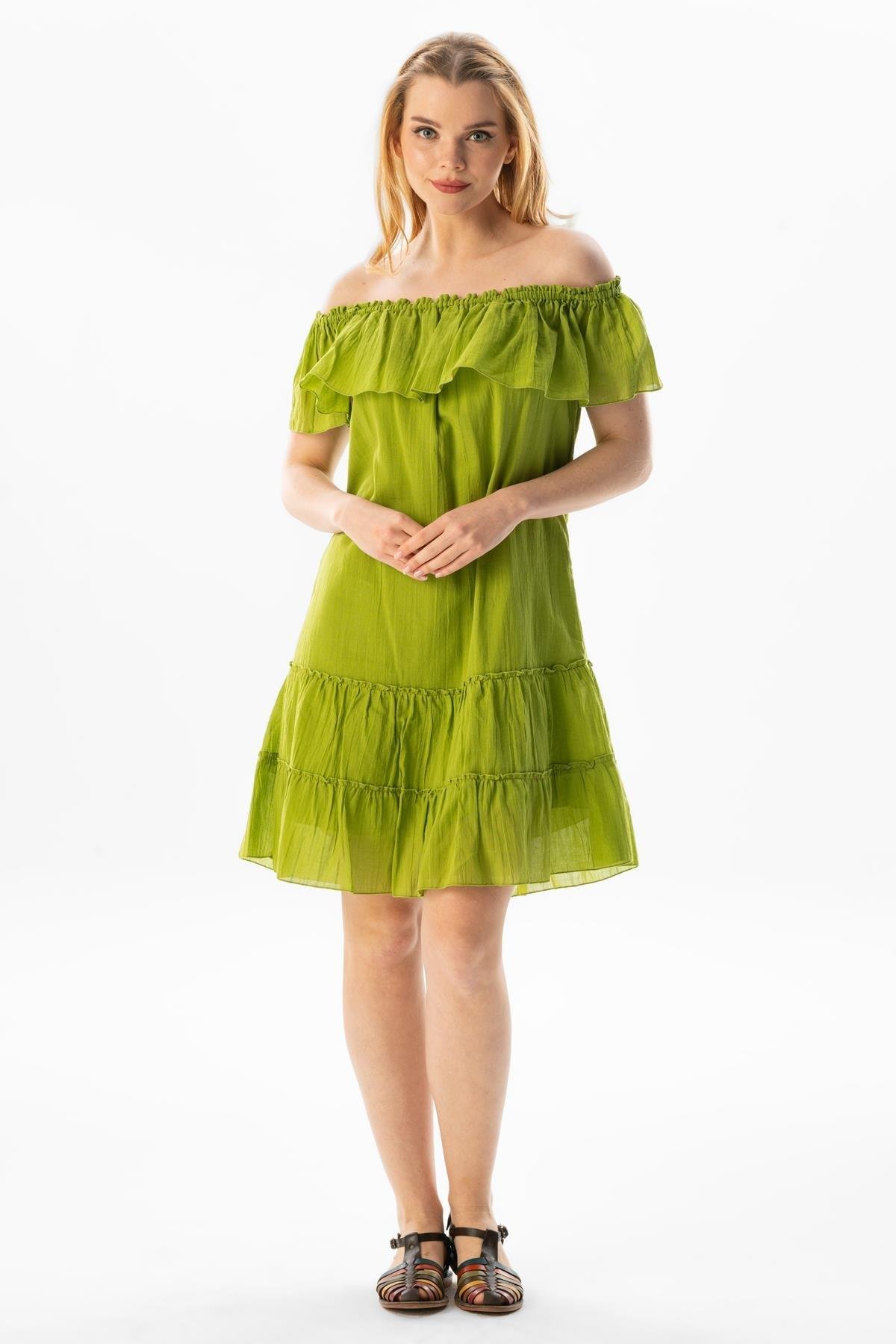 Kısa Kol Vual Lavinya Kayık Yaka Kısa Yazlık Elbise Fıstık Yeşili fysl