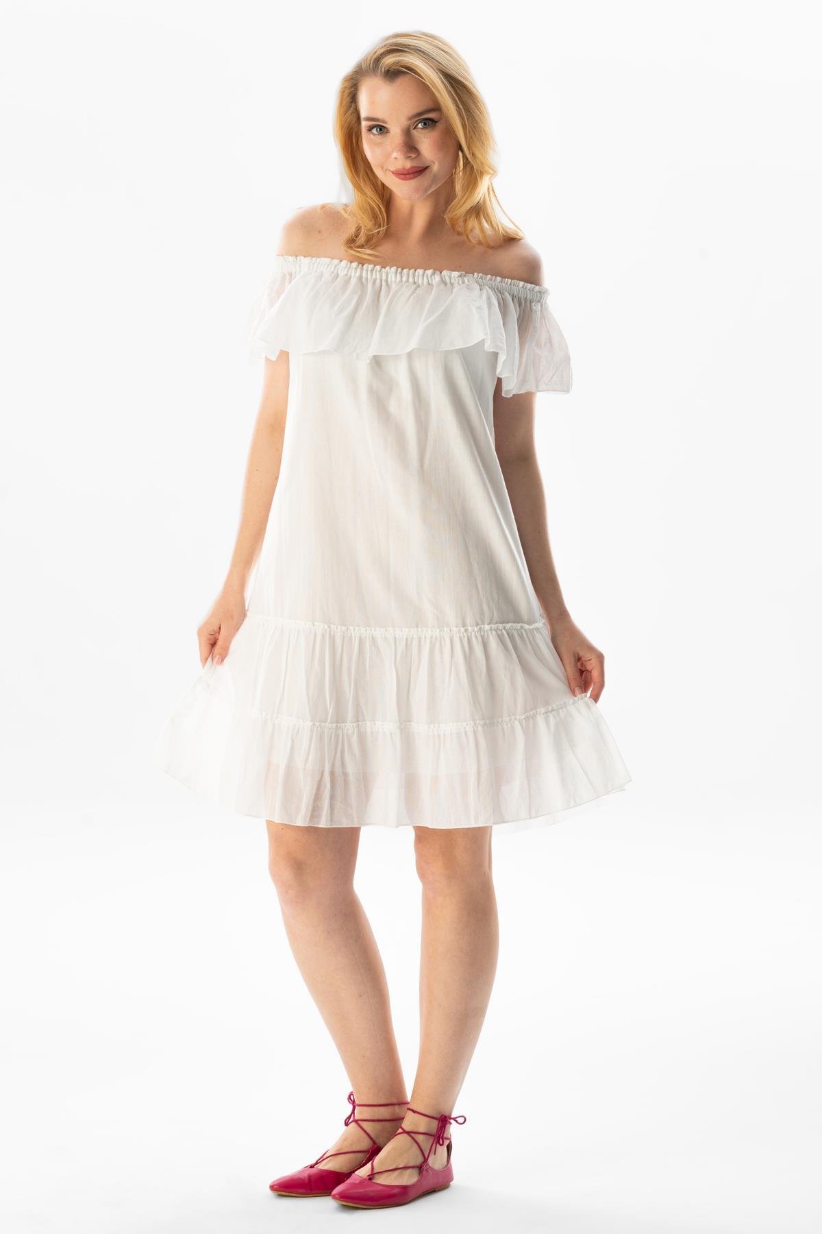 Kısa Kol Vual Lavinya Kayık Yaka Kısa Yazlık Elbise Beyaz Byz