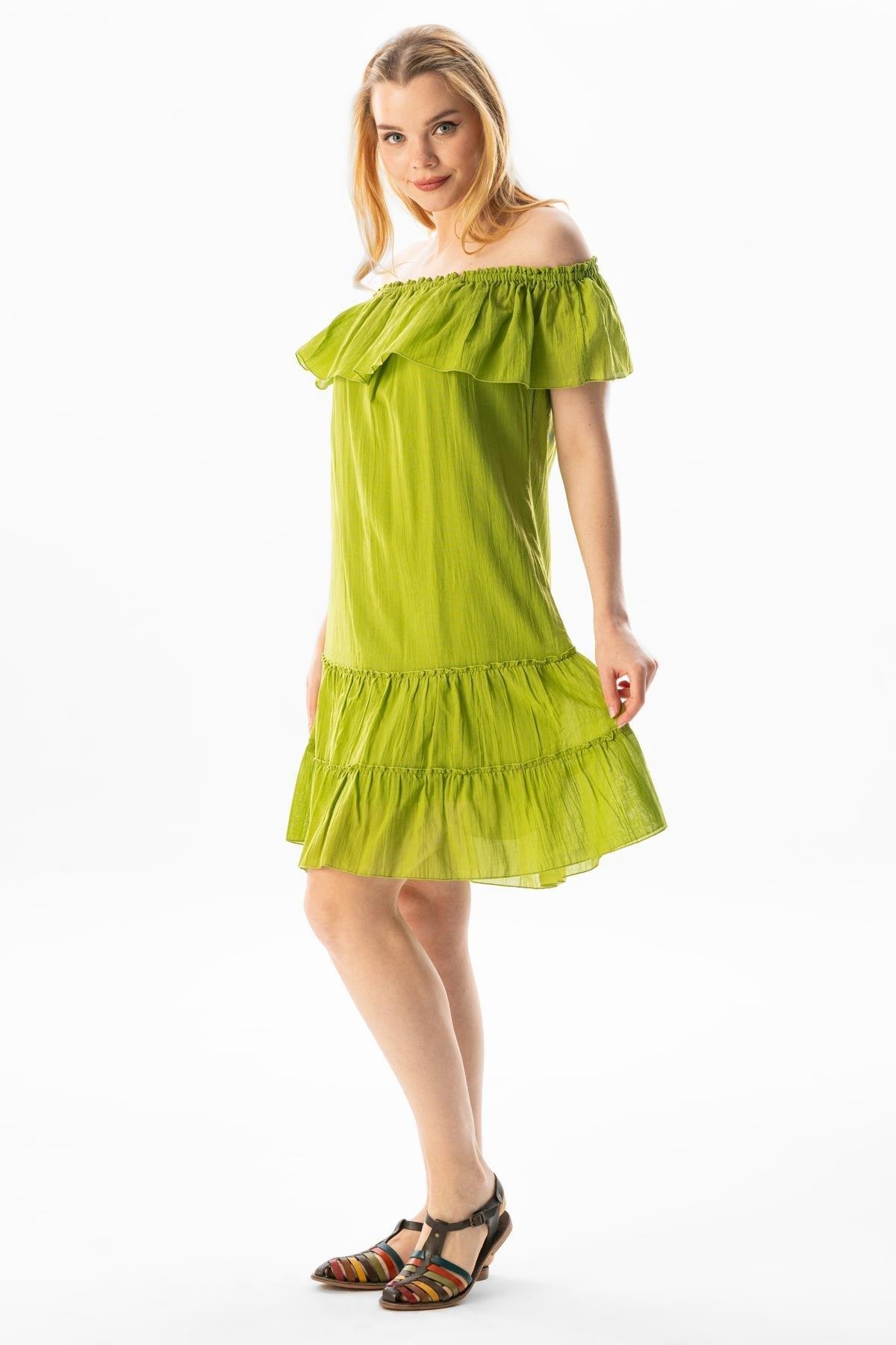 Kısa Kol Vual Lavinya Kayık Yaka Kısa Yazlık Elbise Fıstık Yeşili fysl