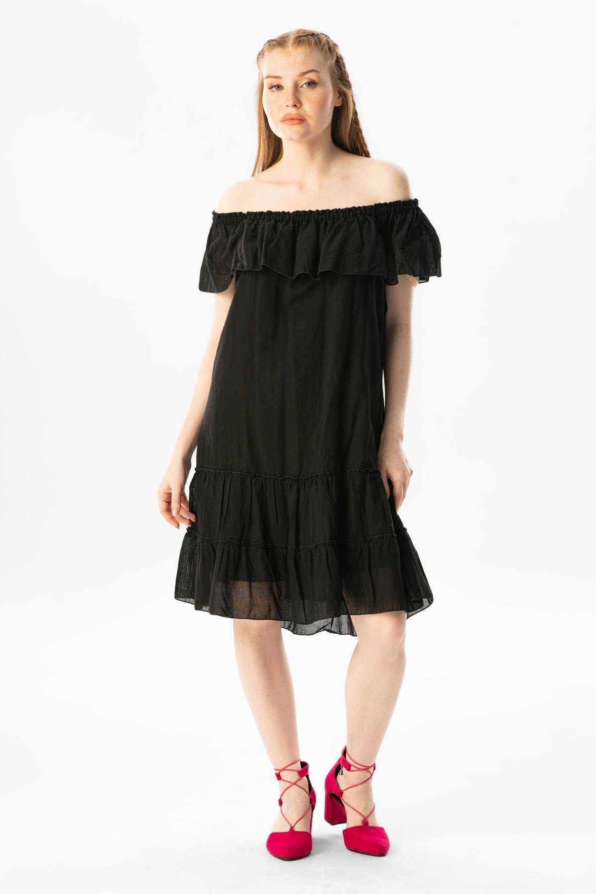 Kısa Kol Vual Lavinya Kayık Yaka Kısa Yazlık Elbise Siyah Syh