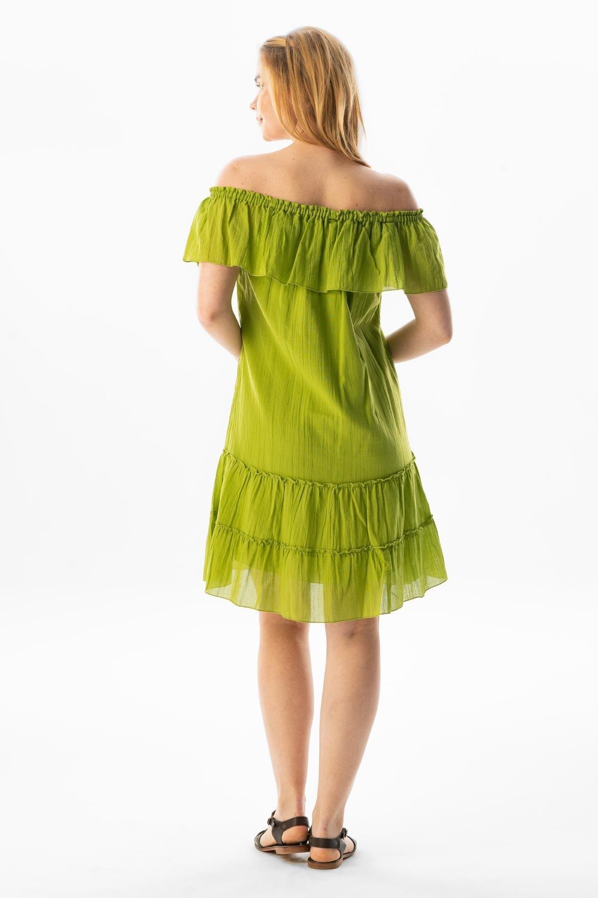 Kısa Kol Vual Lavinya Kayık Yaka Kısa Yazlık Elbise Fıstık Yeşili fysl