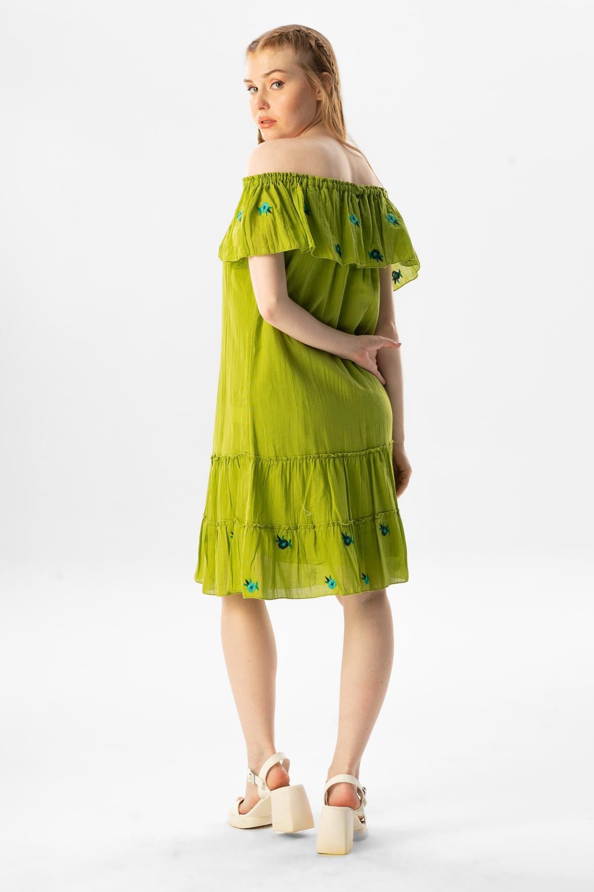 Kısa Kol Vual Lavinya Nakış Detaylı Kısa Yazlık Otantik Elbise Fıstık Yeşili fysl