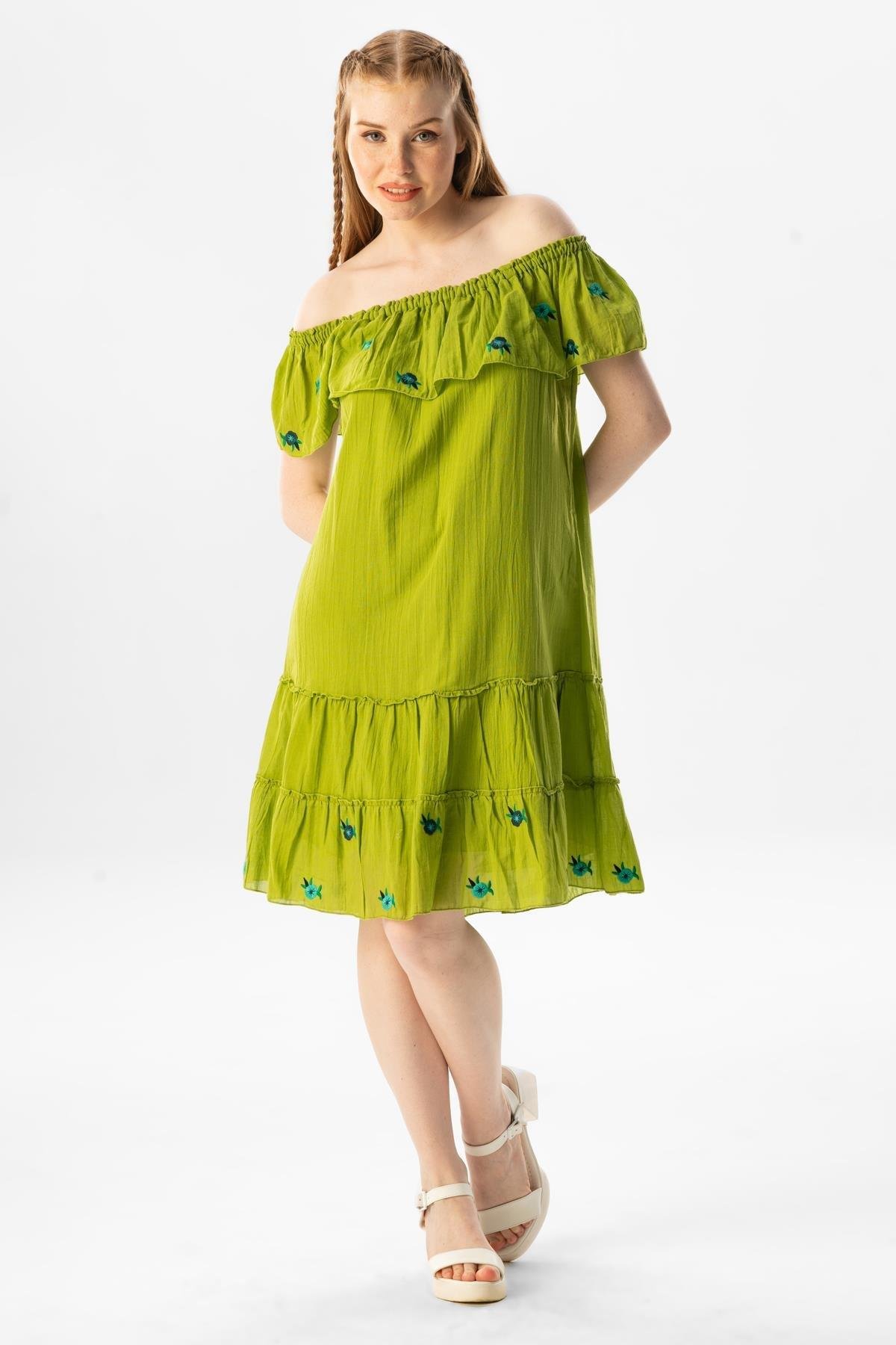 Kısa Kol Vual Lavinya Nakış Detaylı Kısa Yazlık Otantik Elbise Fıstık Yeşili fysl