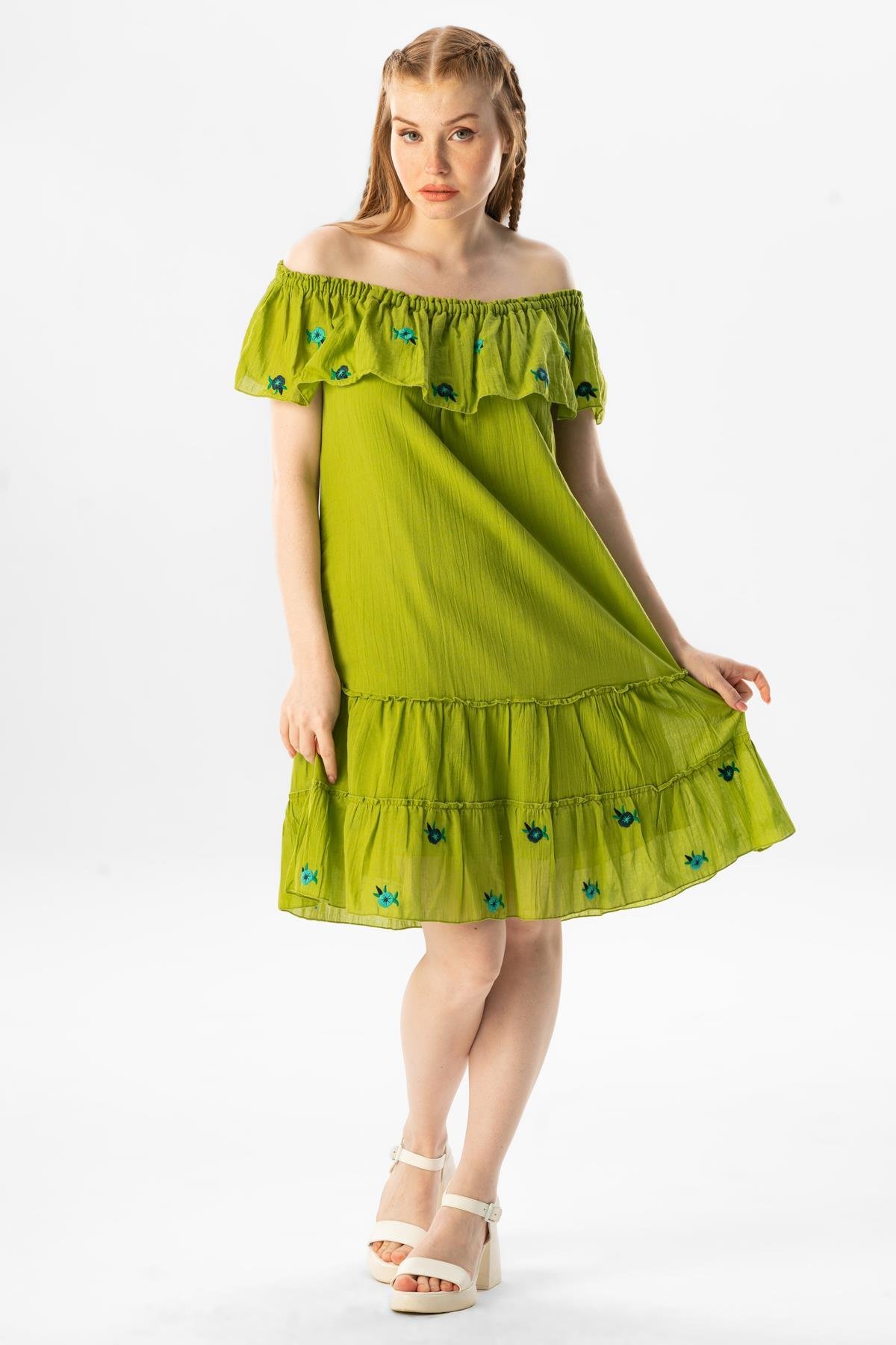 Kısa Kol Vual Lavinya Nakış Detaylı Kısa Yazlık Otantik Elbise Fıstık Yeşili fysl