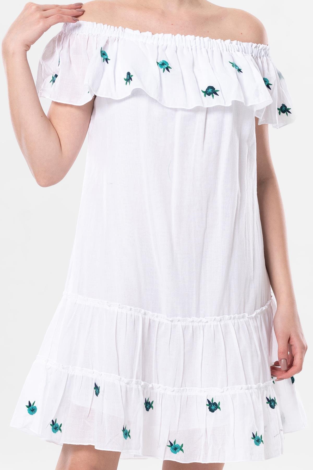 Kısa Kol Vual Lavinya Nakış Detaylı Kısa Yazlık Otantik Elbise Beyaz Byz