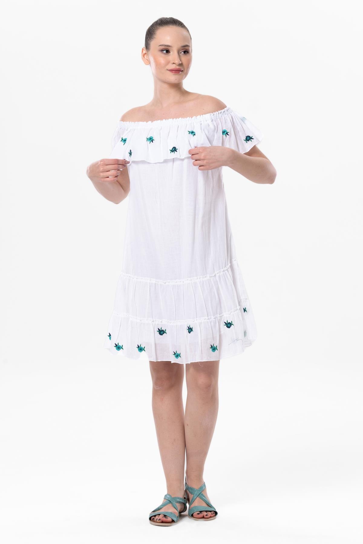 Kısa Kol Vual Lavinya Nakış Detaylı Kısa Yazlık Otantik Elbise Beyaz Byz