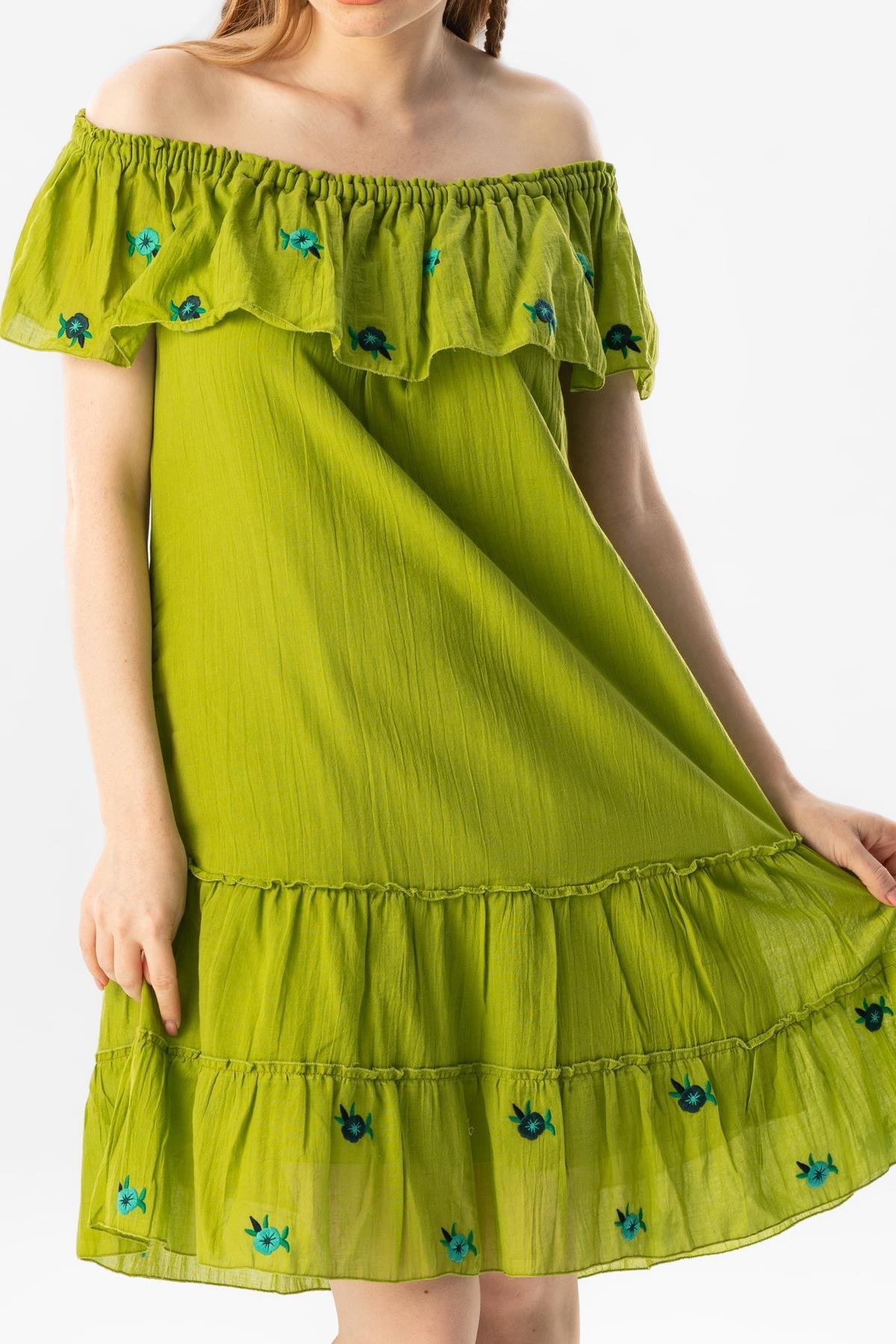 Kısa Kol Vual Lavinya Nakış Detaylı Kısa Yazlık Otantik Elbise Fıstık Yeşili fysl