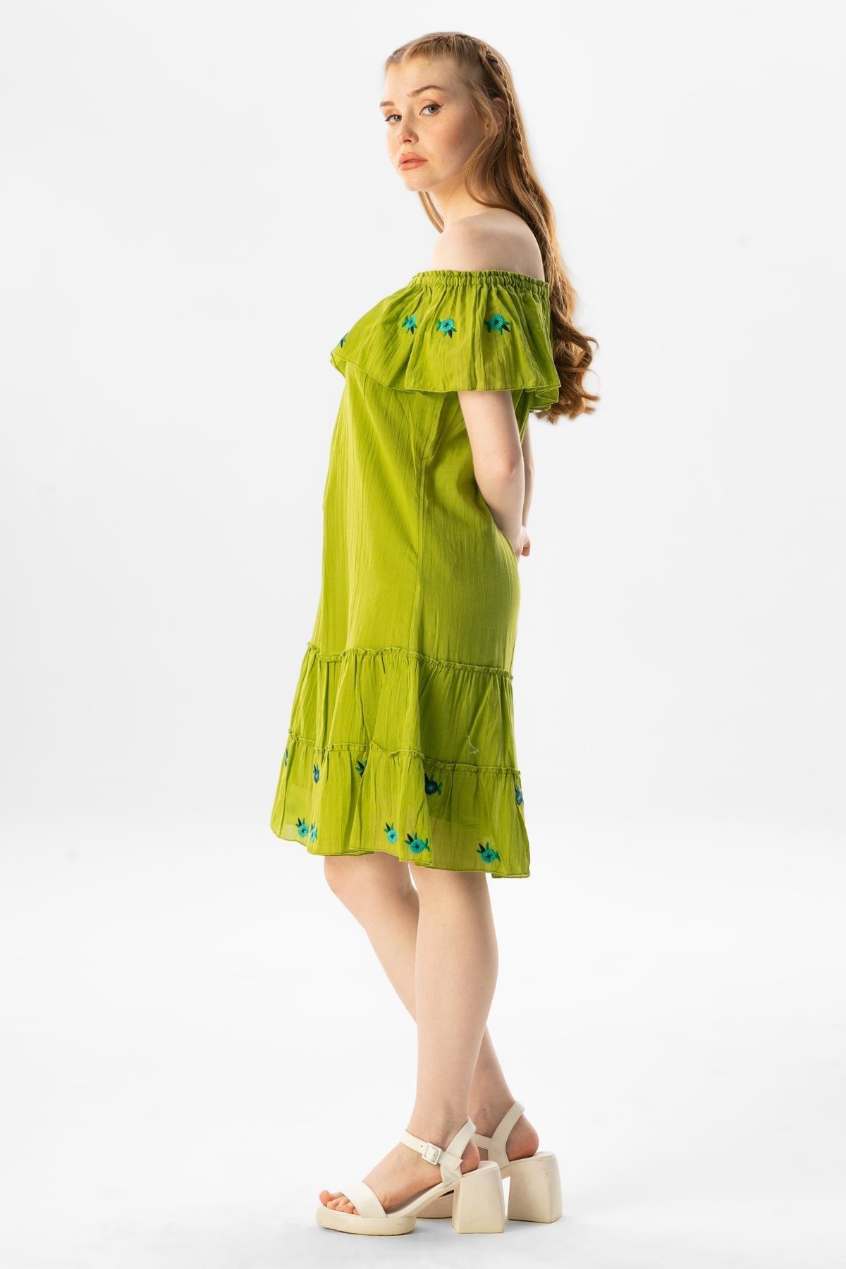 Kısa Kol Vual Lavinya Nakış Detaylı Kısa Yazlık Otantik Elbise Fıstık Yeşili fysl