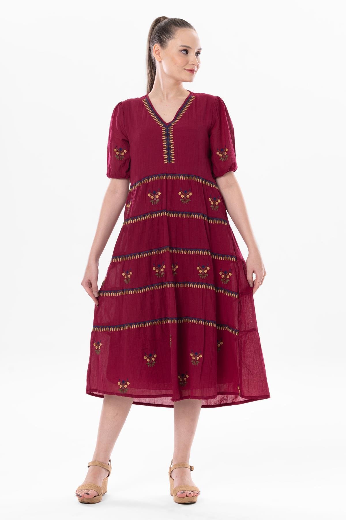 Kısa Kol Vual Nakışlı V Yaka Reyhan Uzun Yazlık Otantik Elbise Bordo Brd