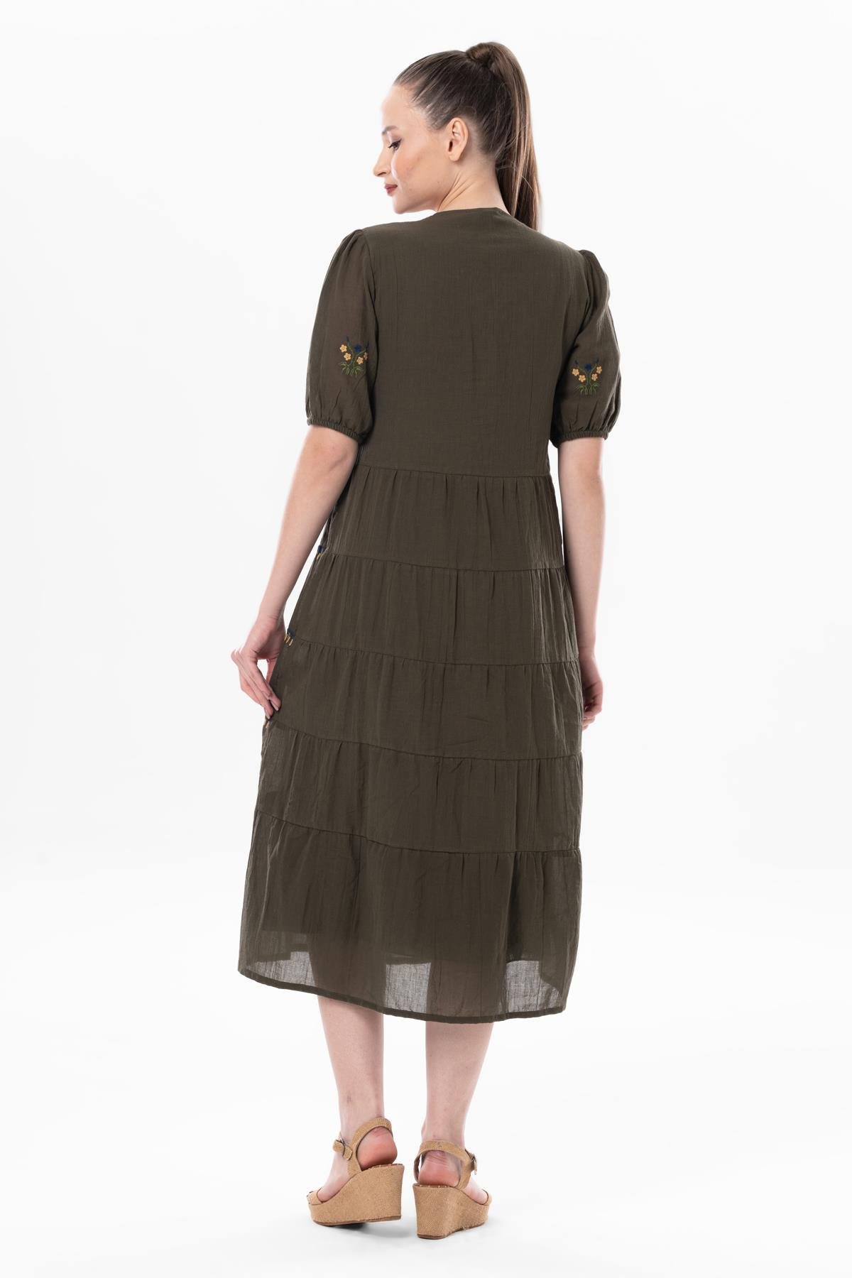 Kısa Kol Vual Nakışlı V Yaka Reyhan Uzun Yazlık Otantik Elbise Haki Hk