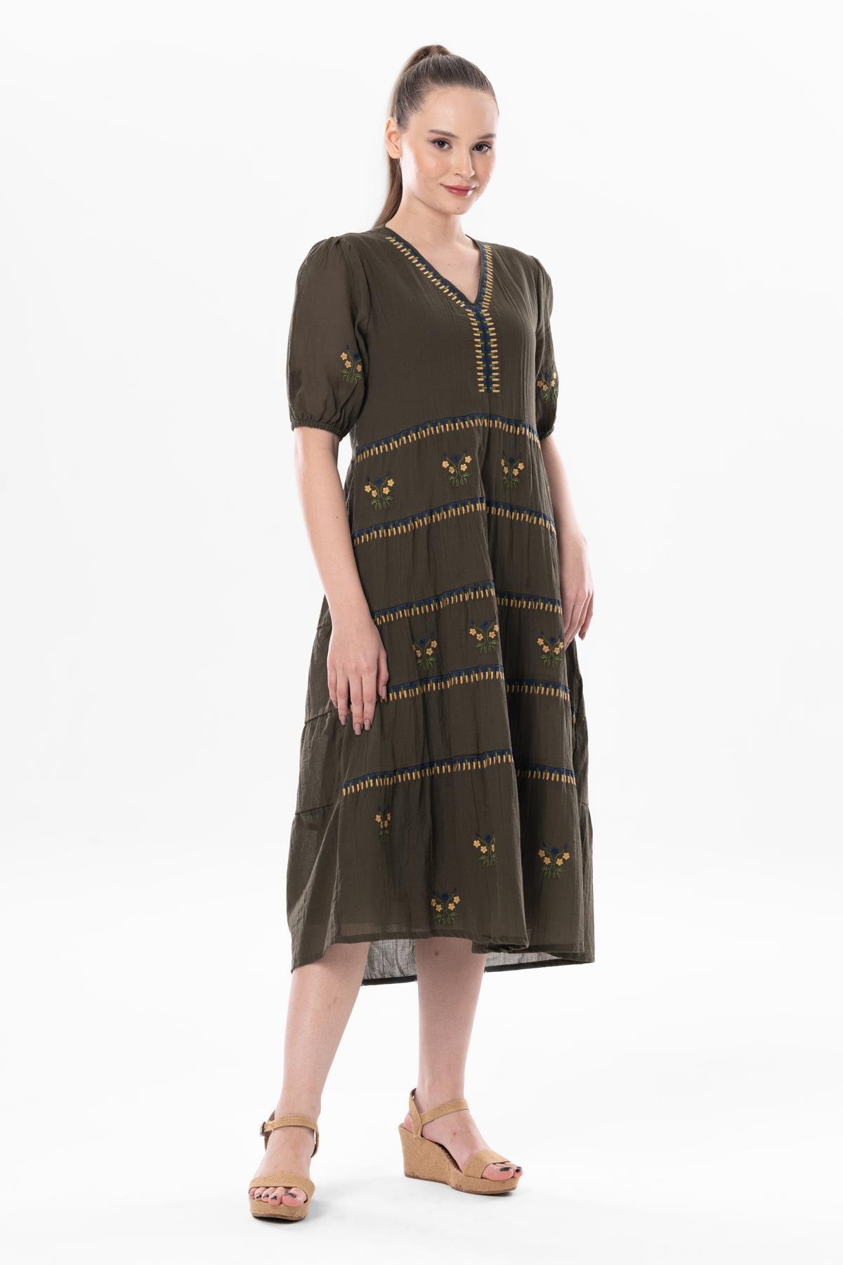 Kısa Kol Vual Nakışlı V Yaka Reyhan Uzun Yazlık Otantik Elbise Haki Hk