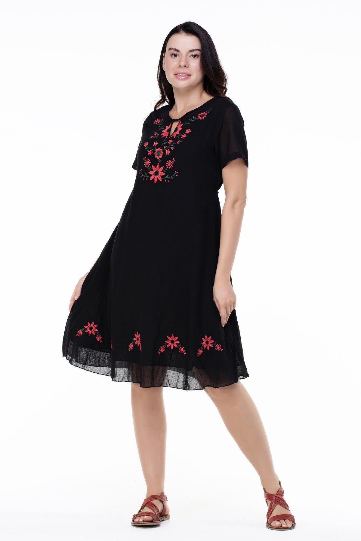 Kısa Kol Vual Neslihan Midi Boy Çiçek Desen Elbise Siyah Syh