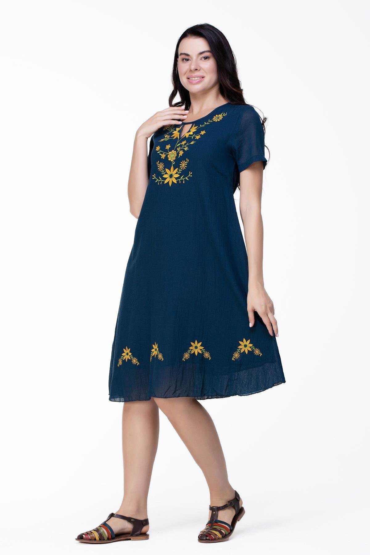 Kısa Kol Vual Neslihan Midi Boy Çiçek Desen Elbise Petrol Ptrl