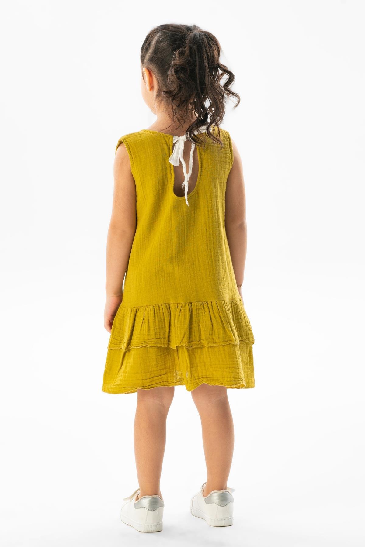 Kolsuz Aybike Yazlık Müslin Çocuk Elbise Yağ Yeşili Ygysl