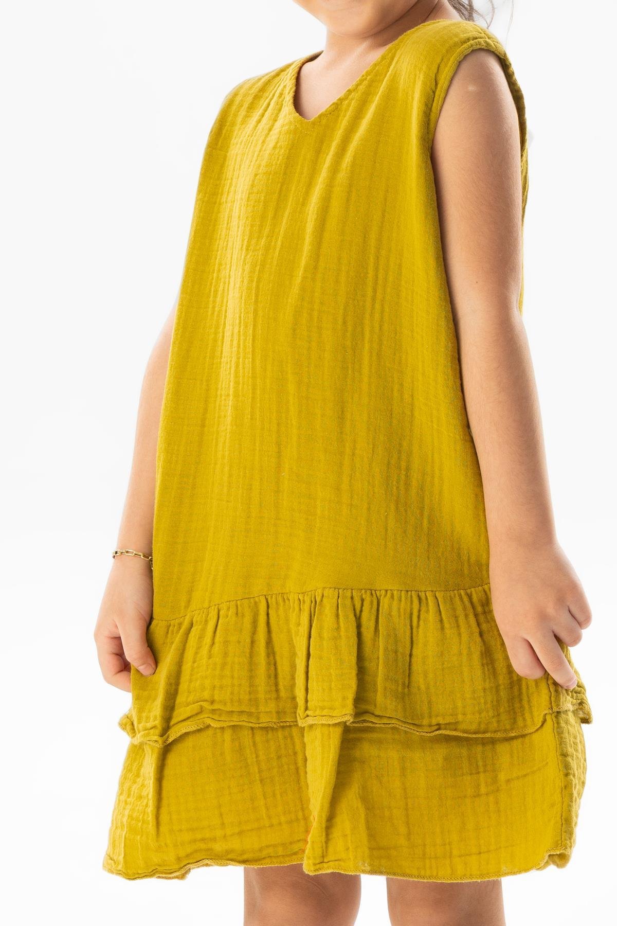 Kolsuz Aybike Yazlık Müslin Çocuk Elbise Yağ Yeşili Ygysl