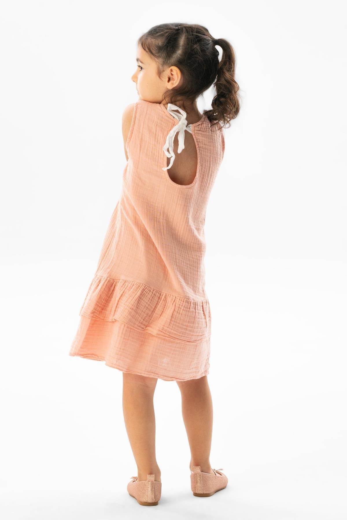 Kolsuz Aybike Yazlık Müslin Çocuk Elbise Pudra Pdr