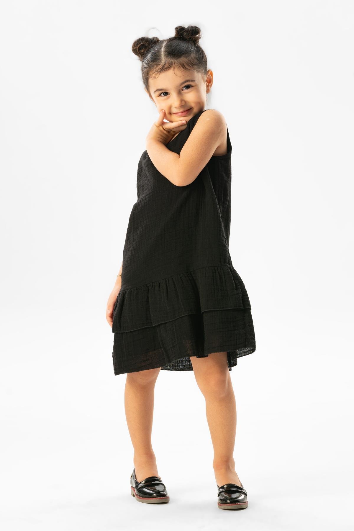 Kolsuz Aybike Yazlık Müslin Çocuk Elbise Siyah Syh