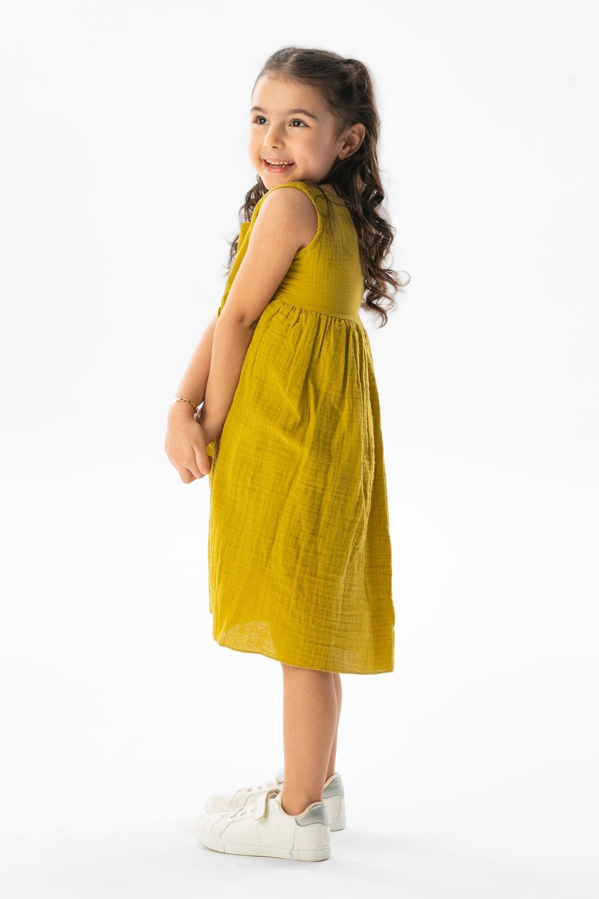 Kolsuz Bilge Yazlık Müslin Çocuk Elbise Yağ Yeşili Ygysl