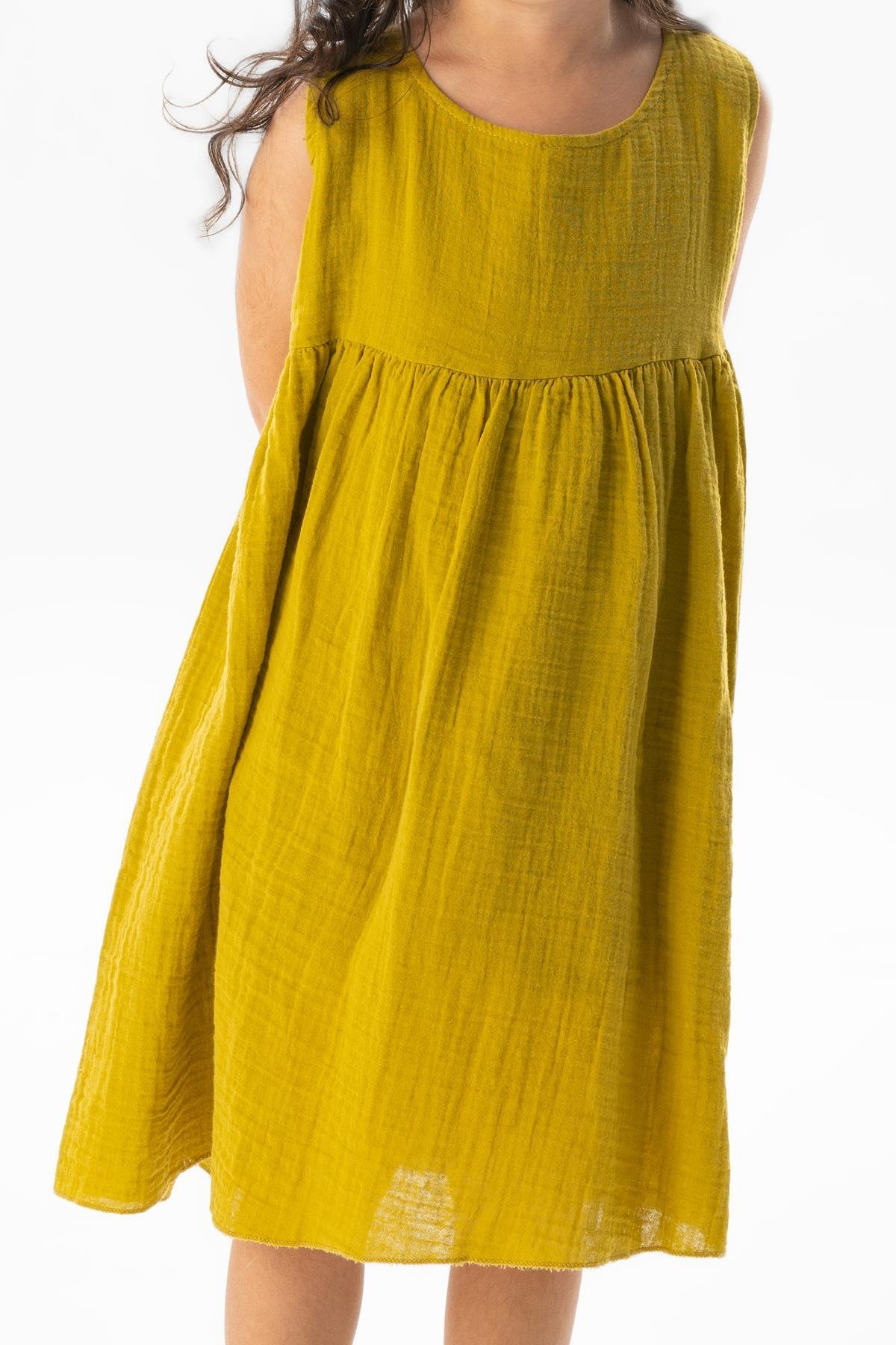 Kolsuz Bilge Yazlık Müslin Çocuk Elbise Yağ Yeşili Ygysl