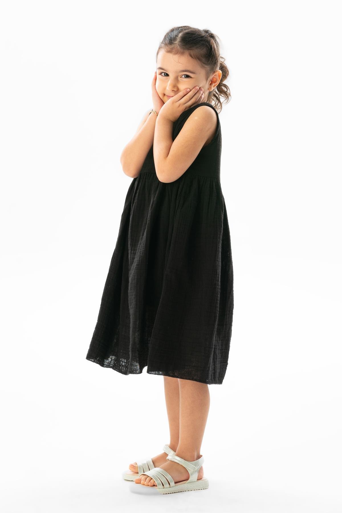 Kolsuz Bilge Yazlık Müslin Çocuk Elbise Siyah Syh