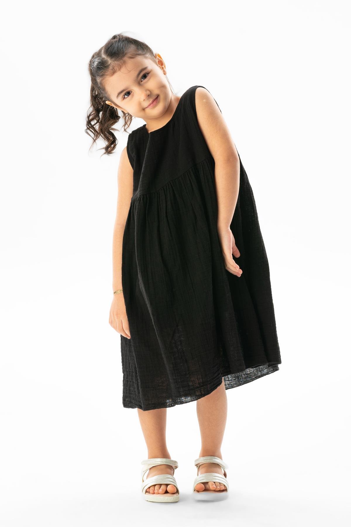 Kolsuz Bilge Yazlık Müslin Çocuk Elbise Siyah Syh