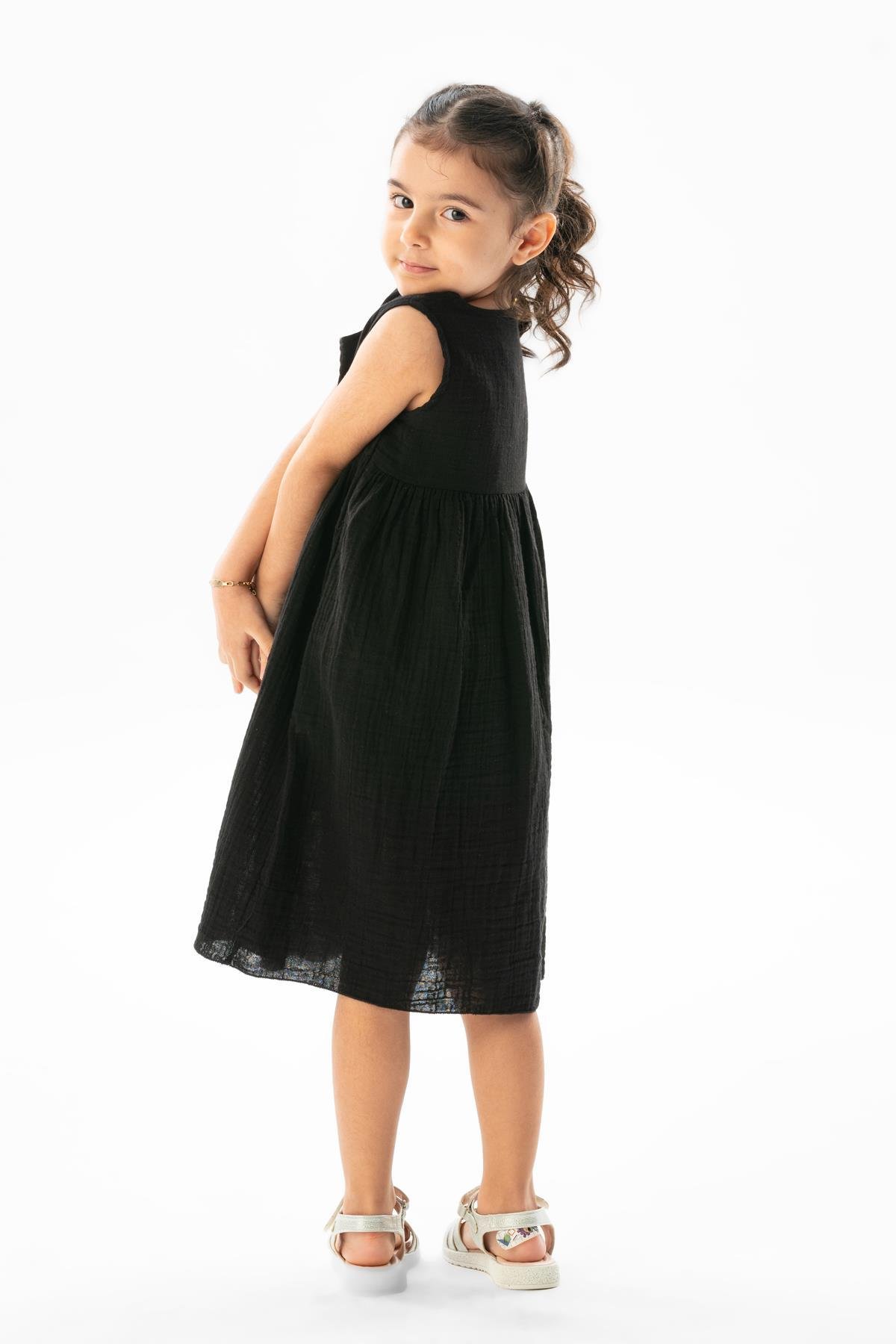 Kolsuz Bilge Yazlık Müslin Çocuk Elbise Siyah Syh