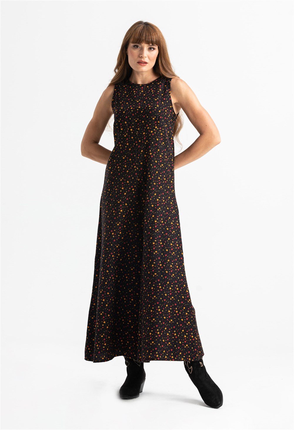 Kolsuz Selen Pazen Uzun Elbise Çıtır Desen Siyah Syh