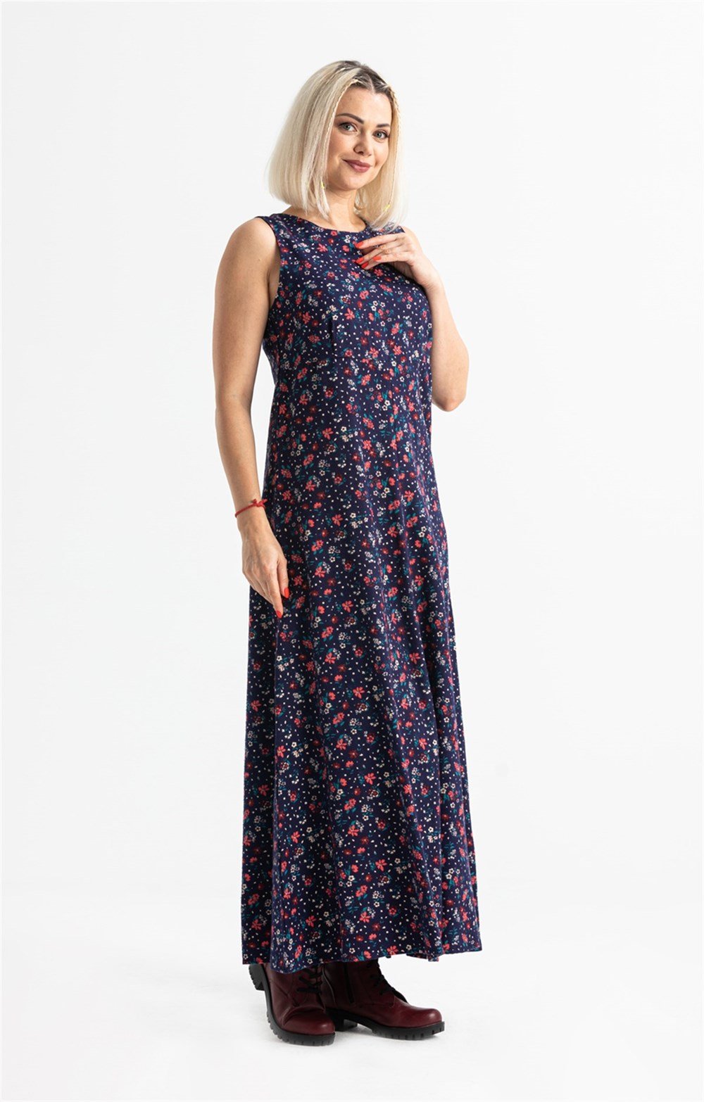 Kolsuz Selen Pazen Uzun Elbise Çıtır Desen Lacivert Lcvt