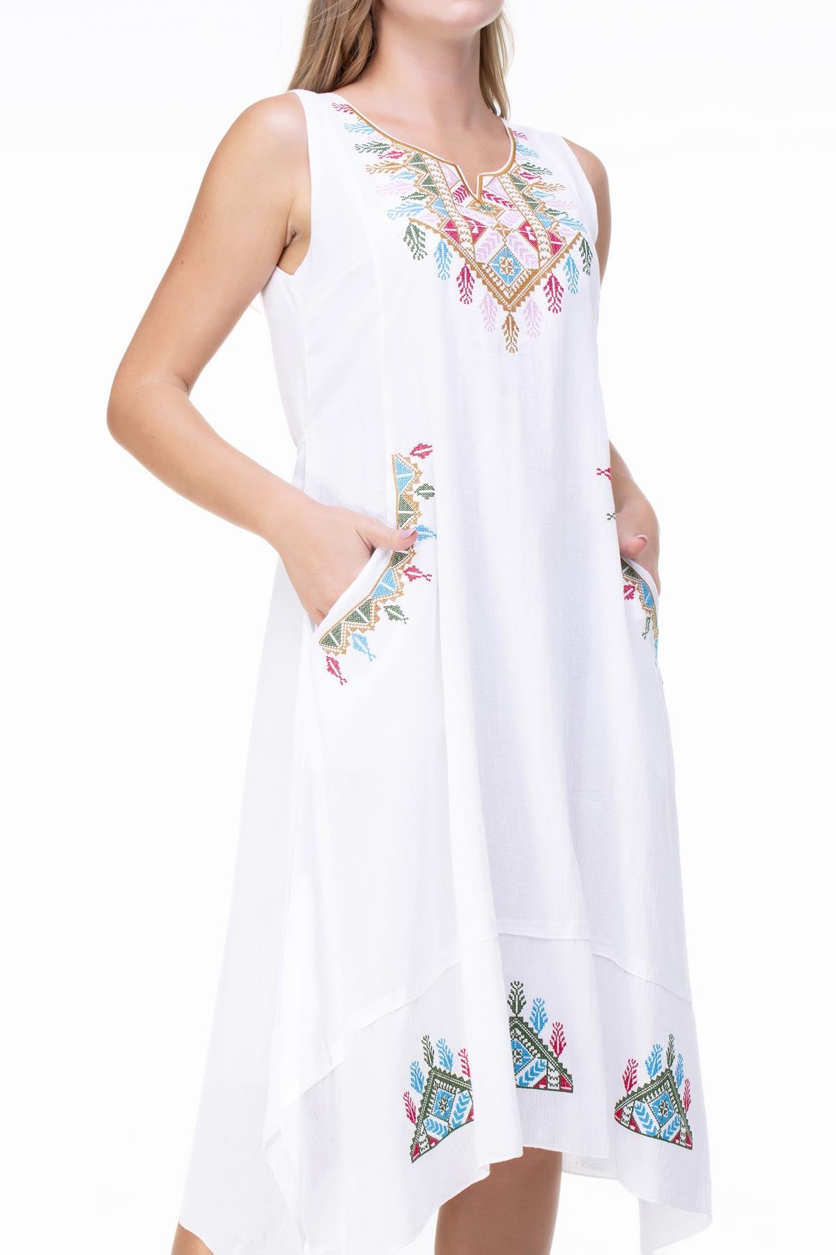 Kolsuz Şile Bezi Antik Nakışlı Midi Boy Elbise Beyaz Byz