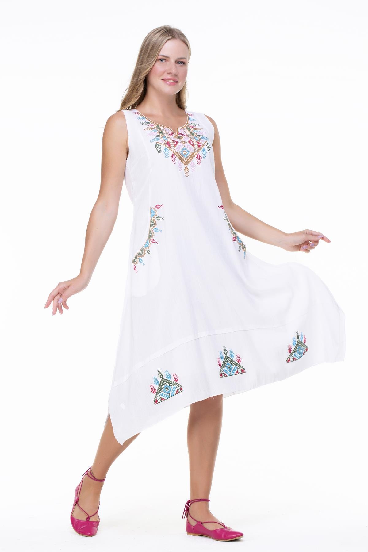 Kolsuz Şile Bezi Antik Nakışlı Midi Boy Elbise Beyaz Byz