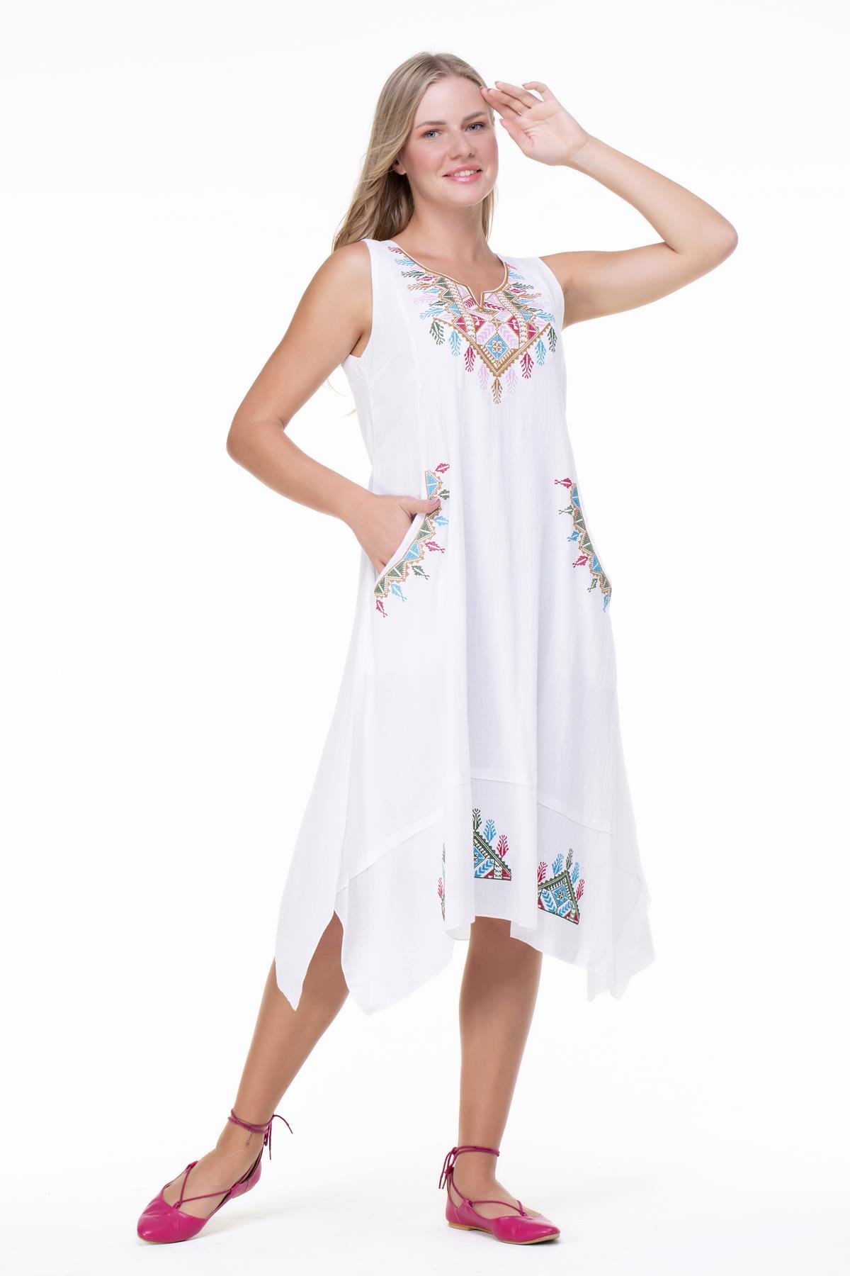 Kolsuz Şile Bezi Antik Nakışlı Midi Boy Elbise Beyaz Byz