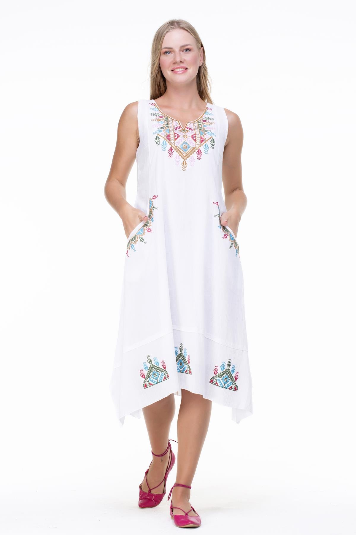 Kolsuz Şile Bezi Antik Nakışlı Midi Boy Elbise Beyaz Byz