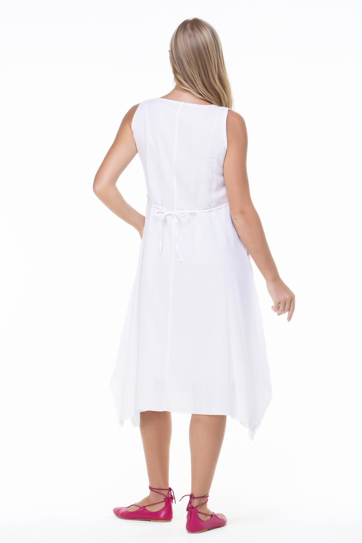 Kolsuz Şile Bezi Antik Nakışlı Midi Boy Elbise Beyaz Byz