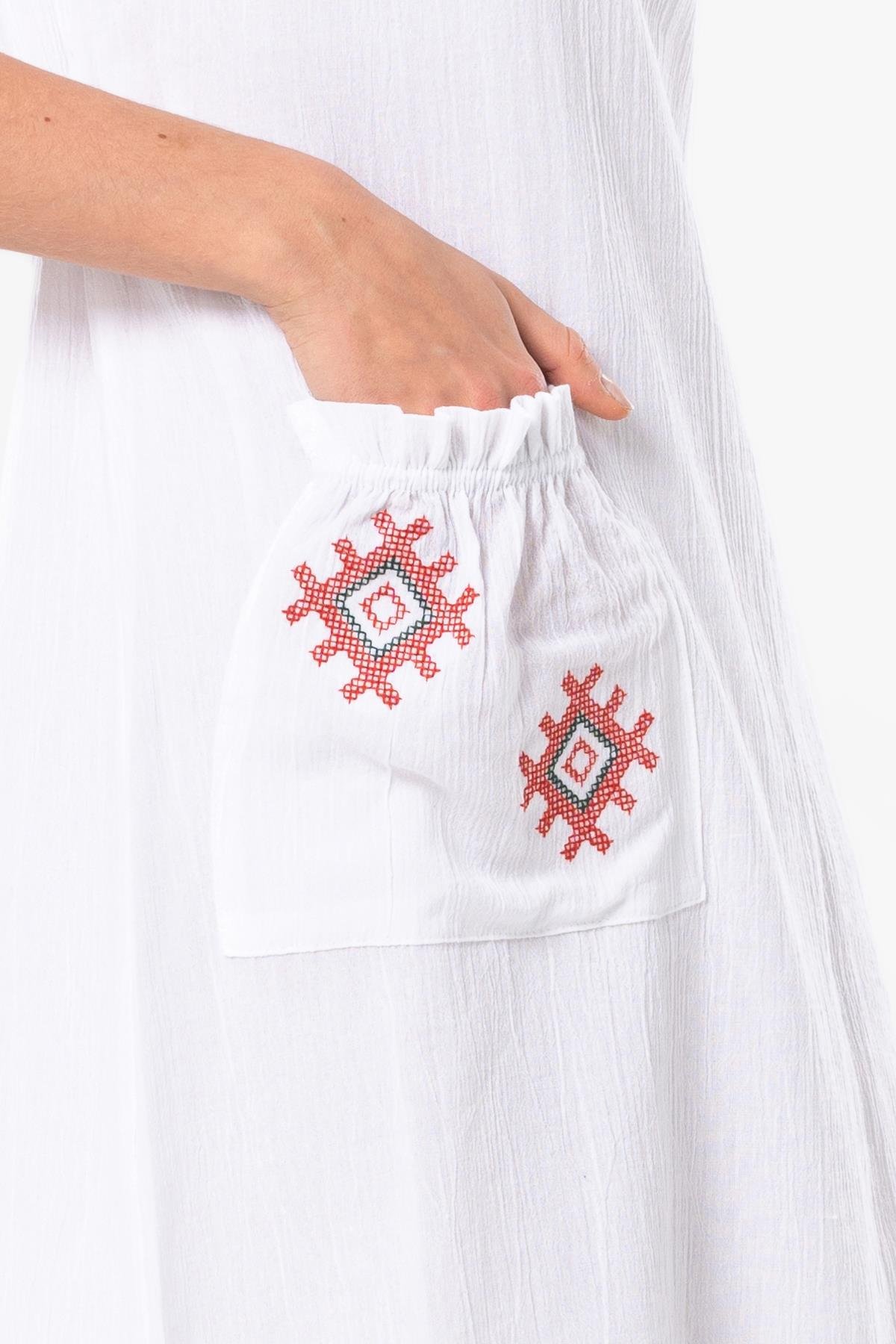 Kolsuz Şile Bezi Kruvaze Yaka Nakışlı Tülin Midi Boy Yazlık Otantik Elbise Beyaz Byz