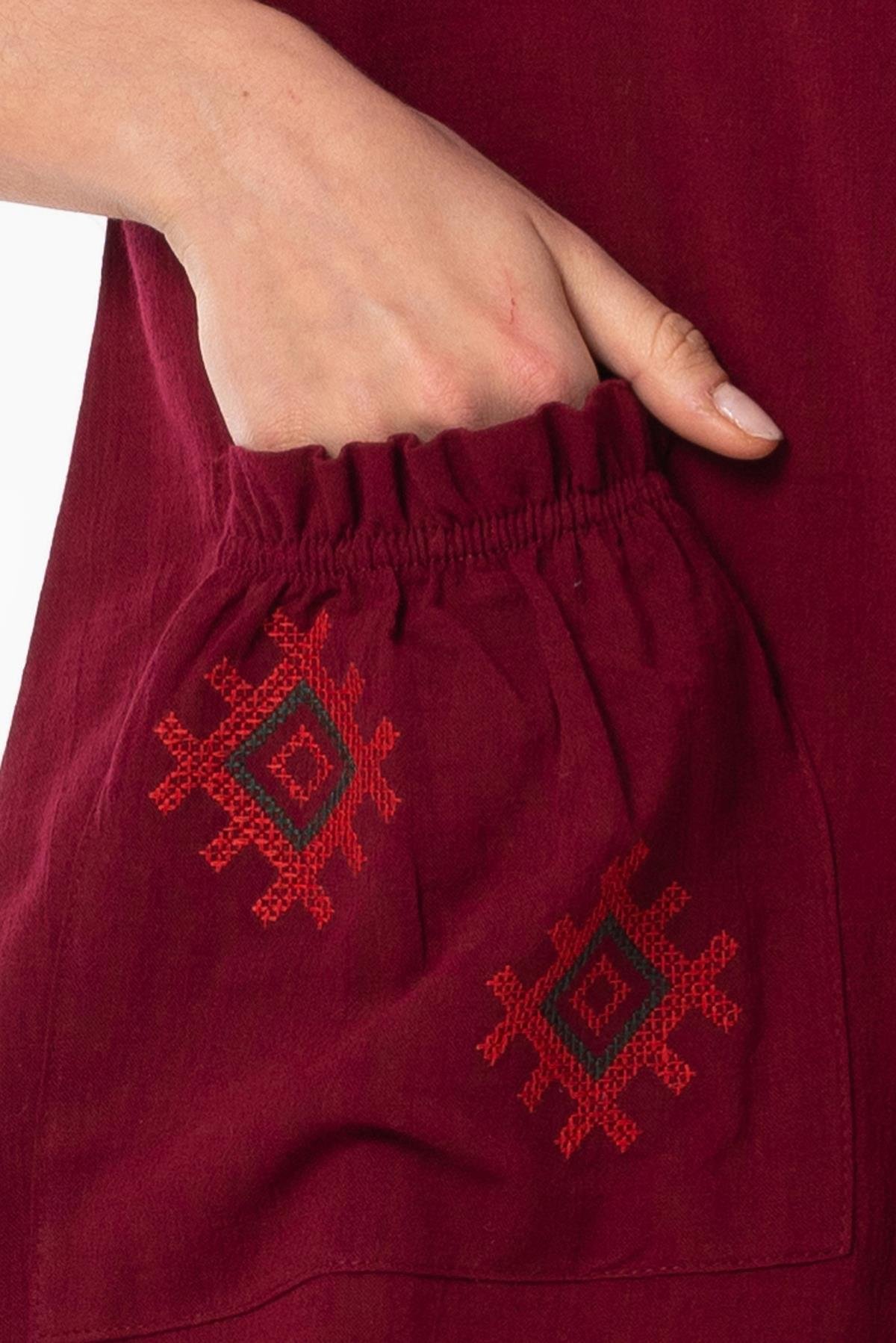 Kolsuz Şile Bezi Kruvaze Yaka Nakışlı Tülin Midi Boy Yazlık Otantik Elbise Bordo Brd