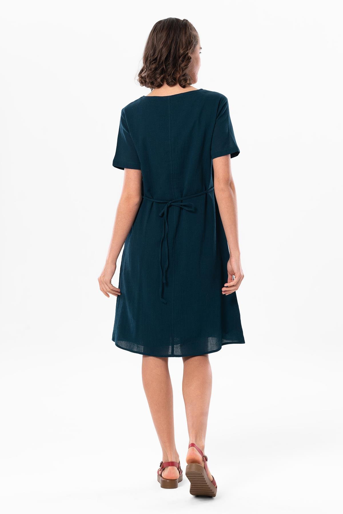 Kolsuz Şile Bezi Kruvaze Yaka Nakışlı Tülin Midi Boy Yazlık Otantik Elbise Petrol Ptrl