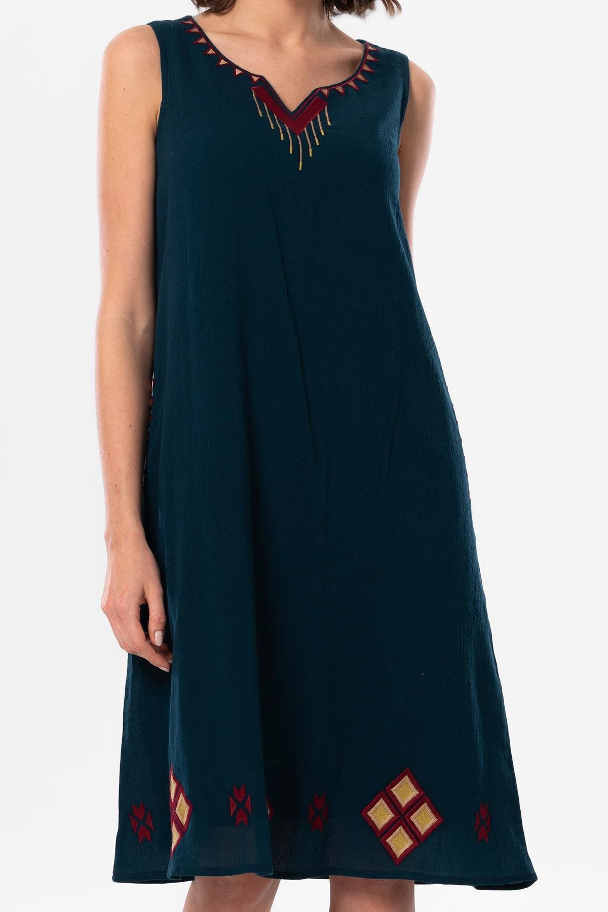 Kolsuz Şile Bezi Lilyum Nakışlı Kısa Yazlık Otantik Elbise Petrol Ptrl