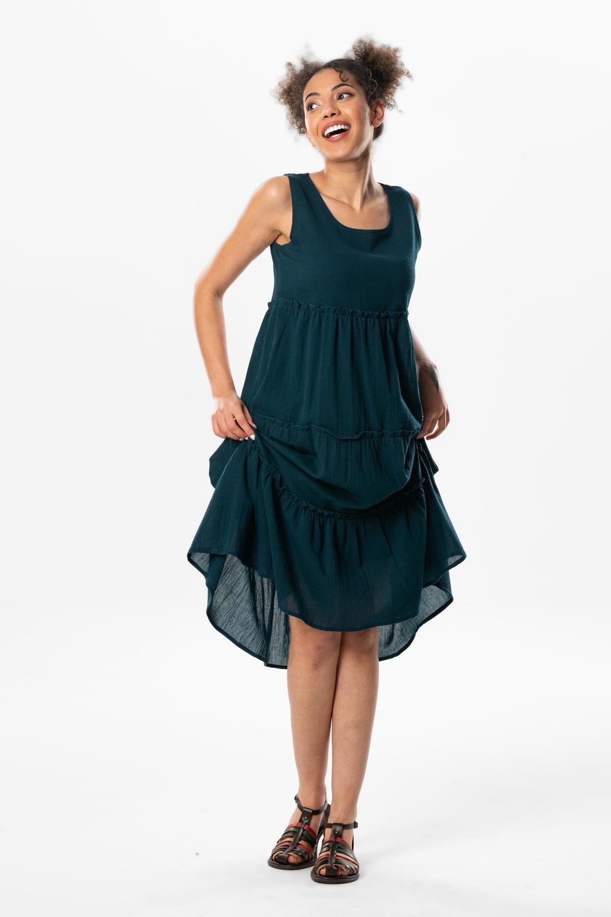 Kolsuz Şile Bezi Şule Midi Boy Fırfır Detaylı Yazlık Elbise Petrol Ptrl