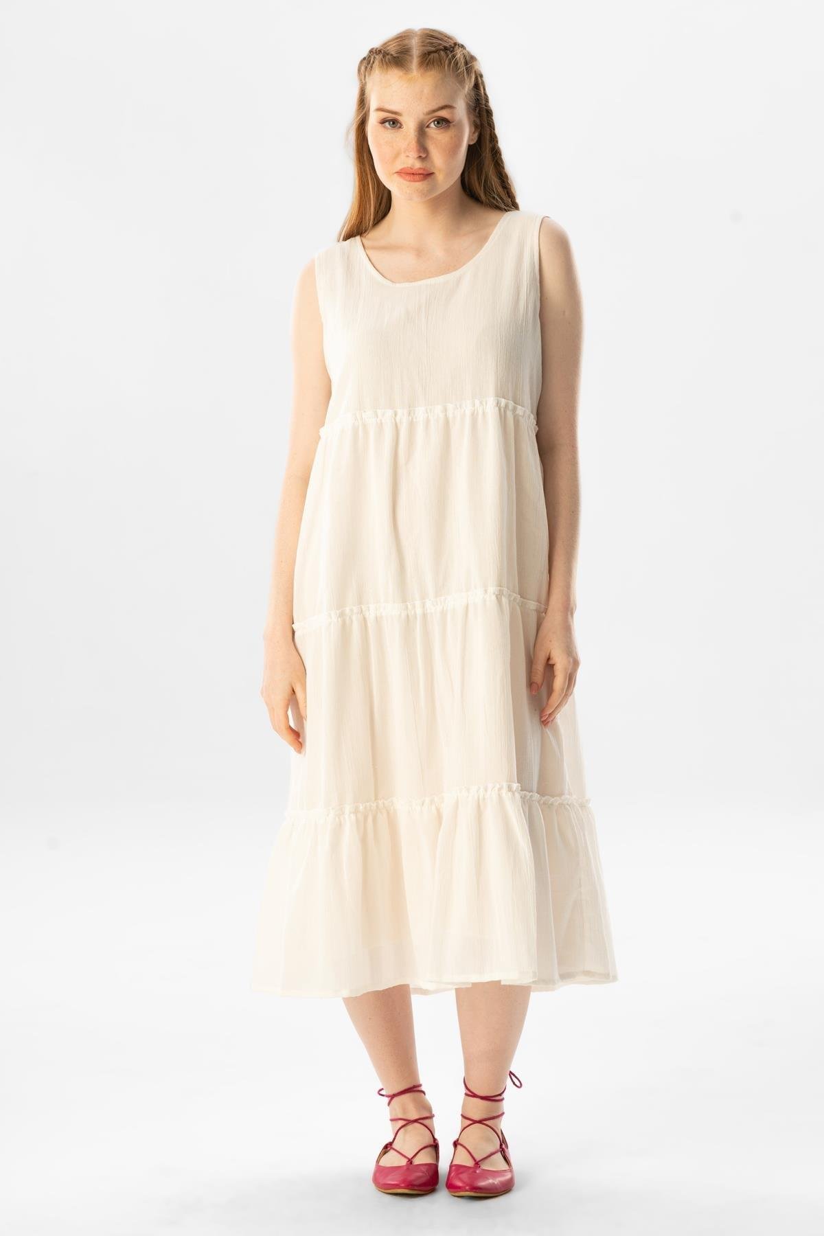 Kolsuz Şile Bezi Şule Midi Boy Fırfır Detaylı Yazlık Elbise Krem Krm