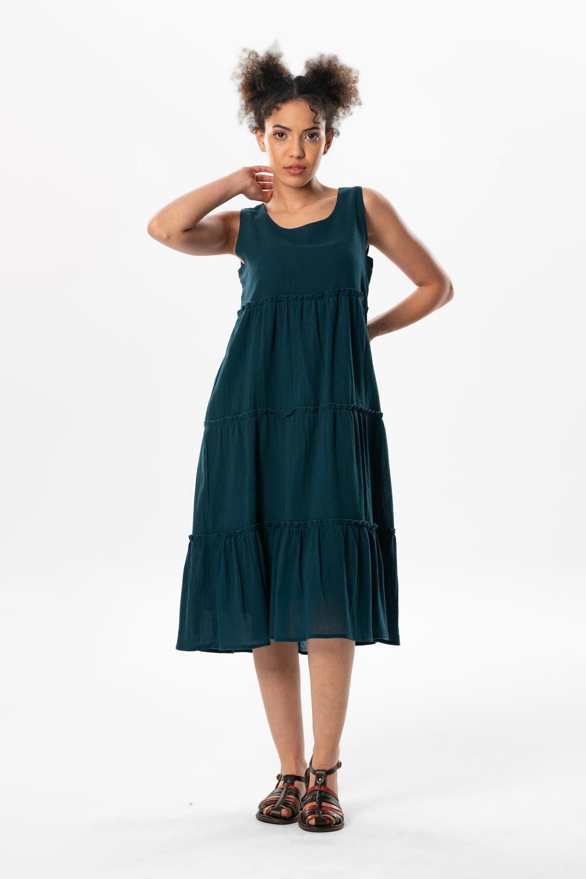 Kolsuz Şile Bezi Şule Midi Boy Fırfır Detaylı Yazlık Elbise Petrol Ptrl