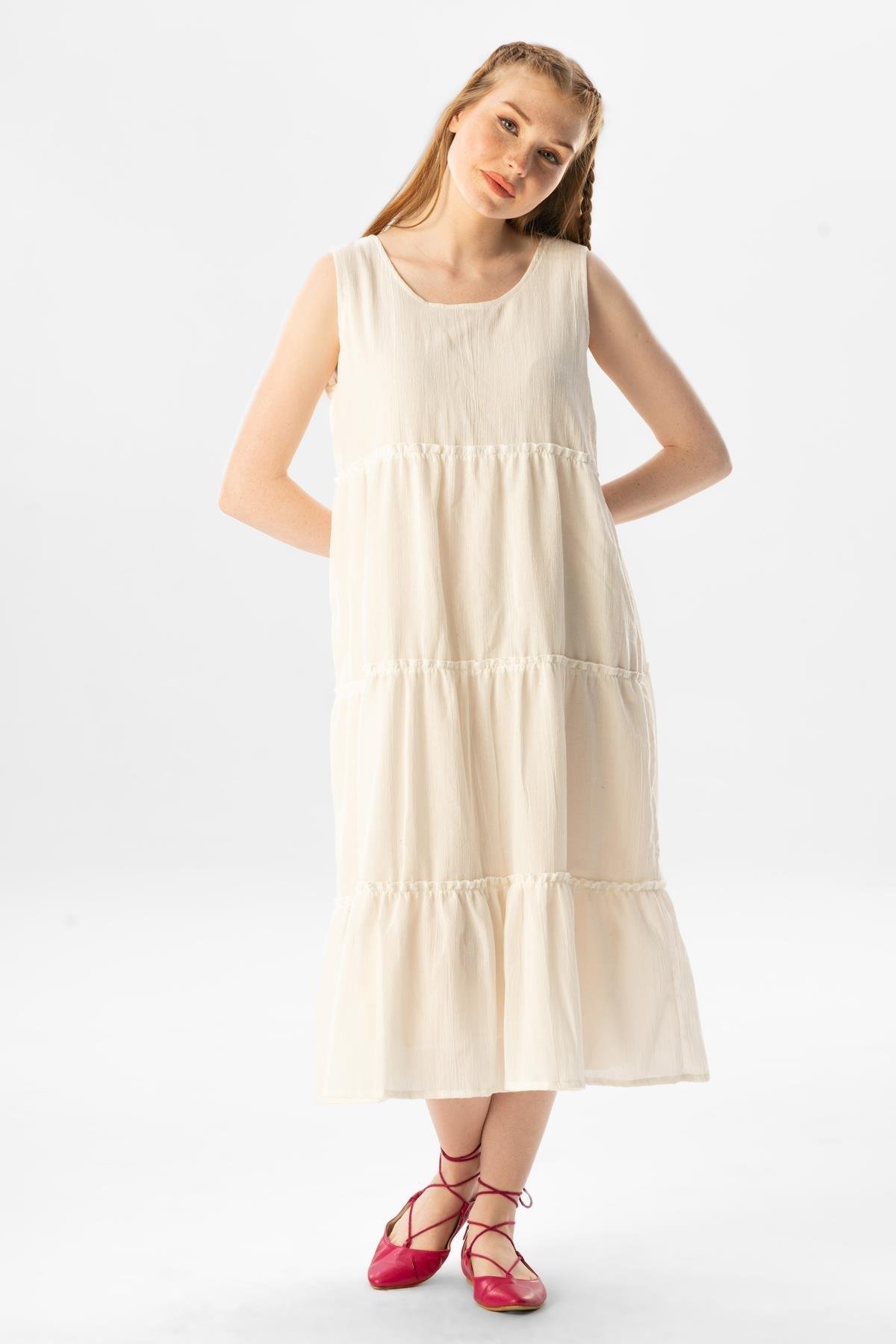 Kolsuz Şile Bezi Şule Midi Boy Fırfır Detaylı Yazlık Elbise Krem Krm