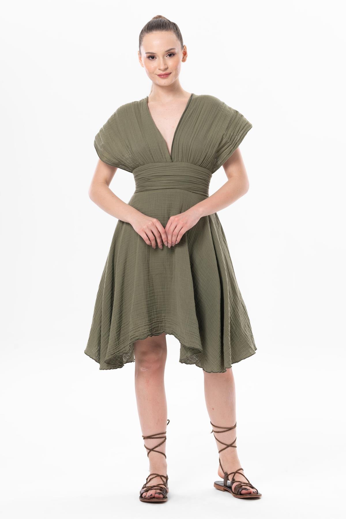 Kolsuz Sırt Detaylı V Yaka Laodikya Mini Yazlık Müslin Elbise Haki Hk