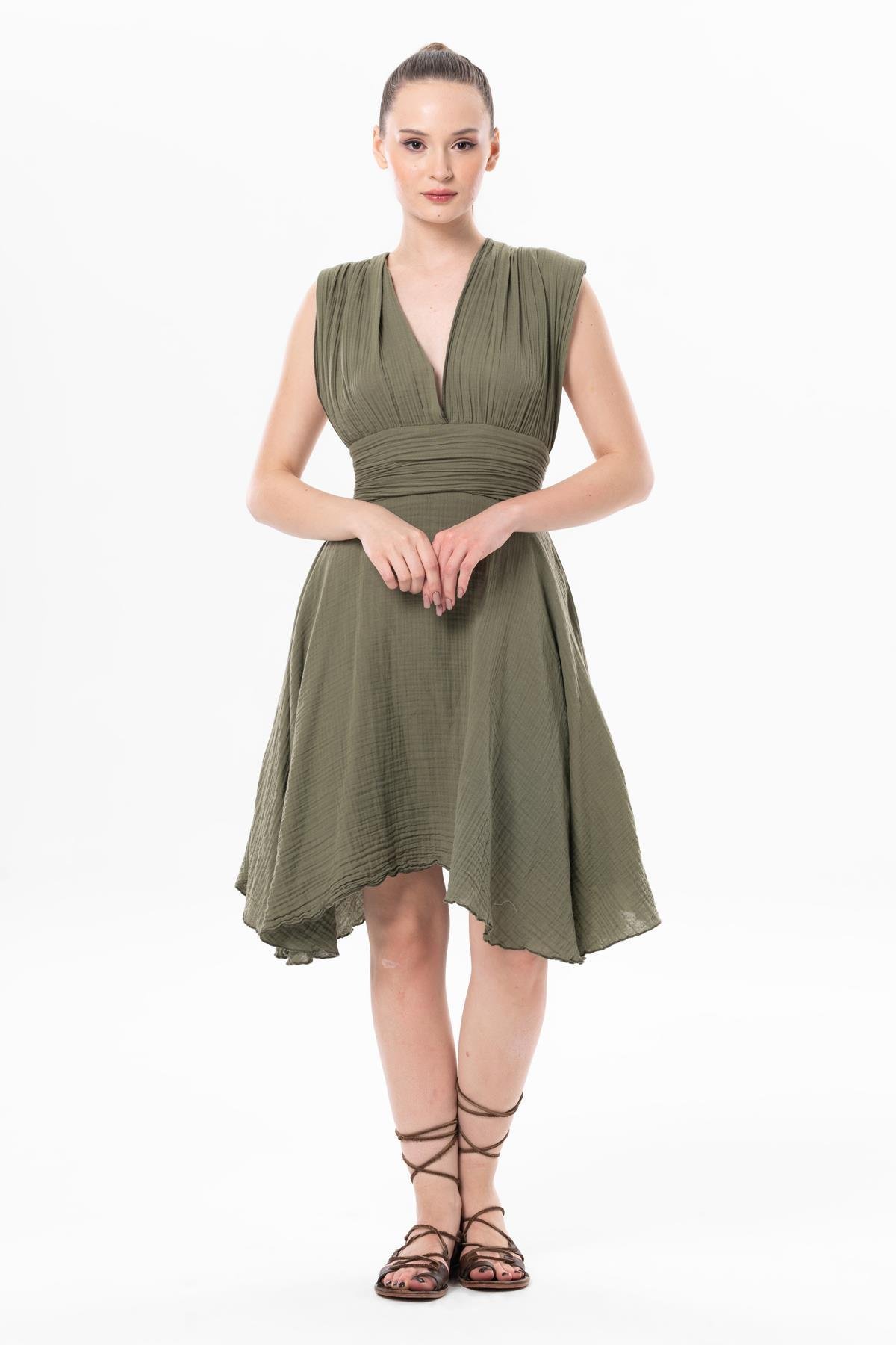 Kolsuz Sırt Detaylı V Yaka Laodikya Mini Yazlık Müslin Elbise Haki Hk