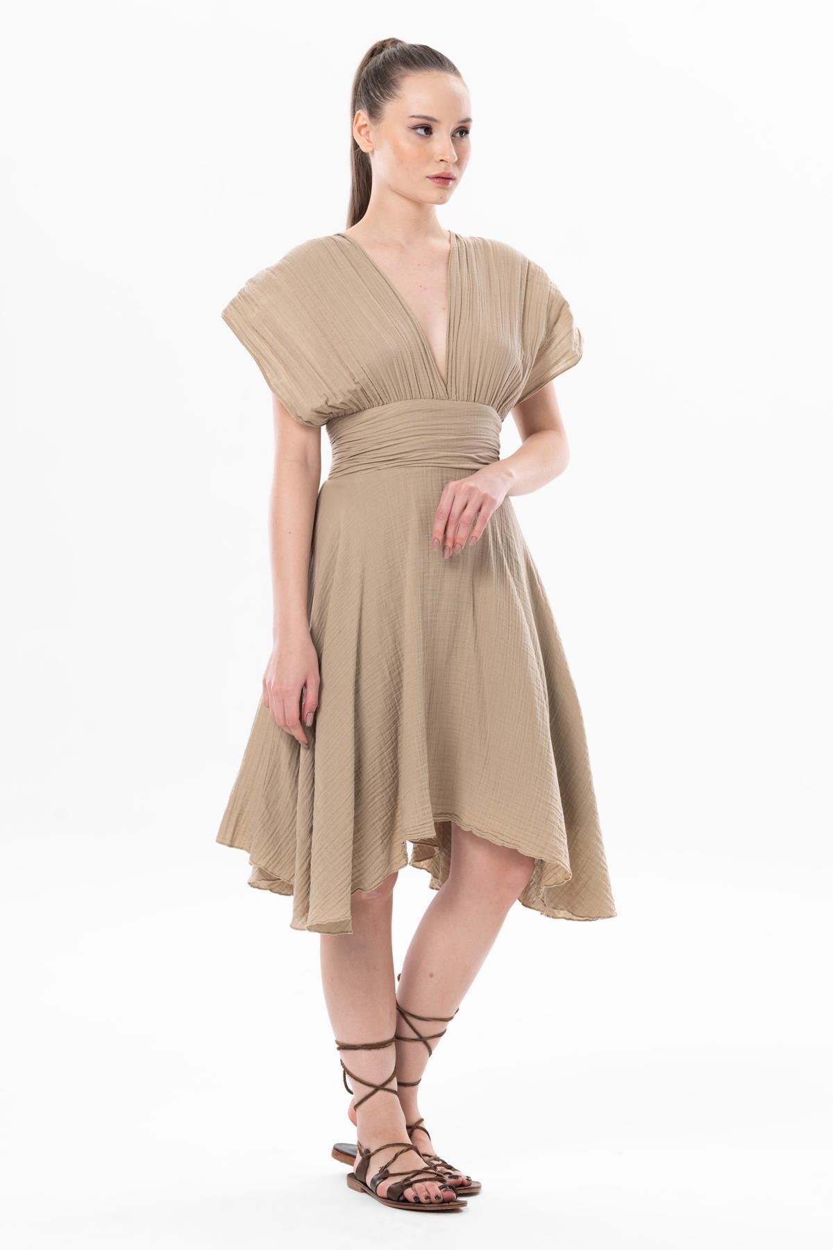 Kolsuz Sırt Detaylı V Yaka Laodikya Mini Yazlık Müslin Elbise Vizon Vzn